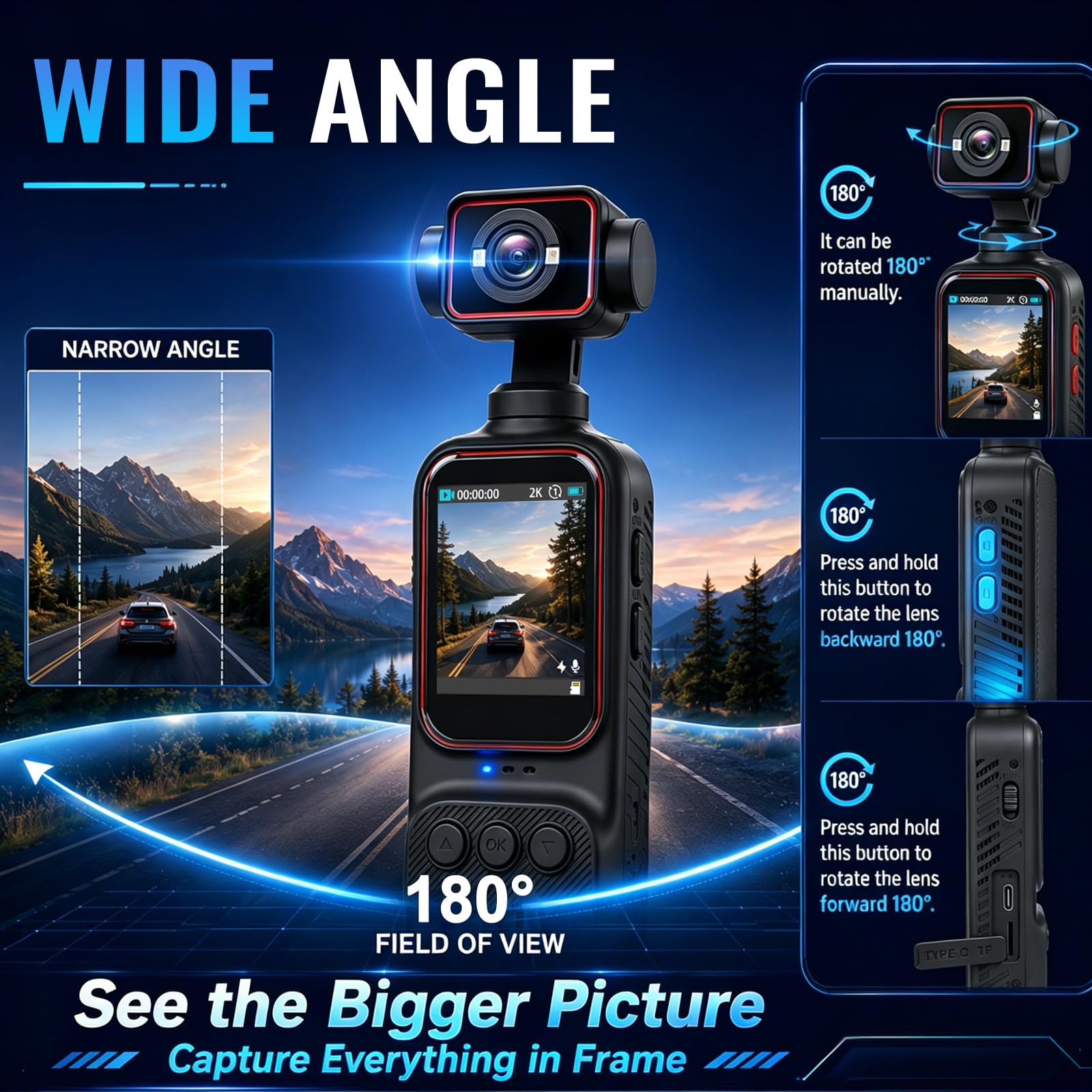 NHOPEEW 2K Vlog Camera con Display da 2 Pollici, POV Wi-Fi Pocket Camera