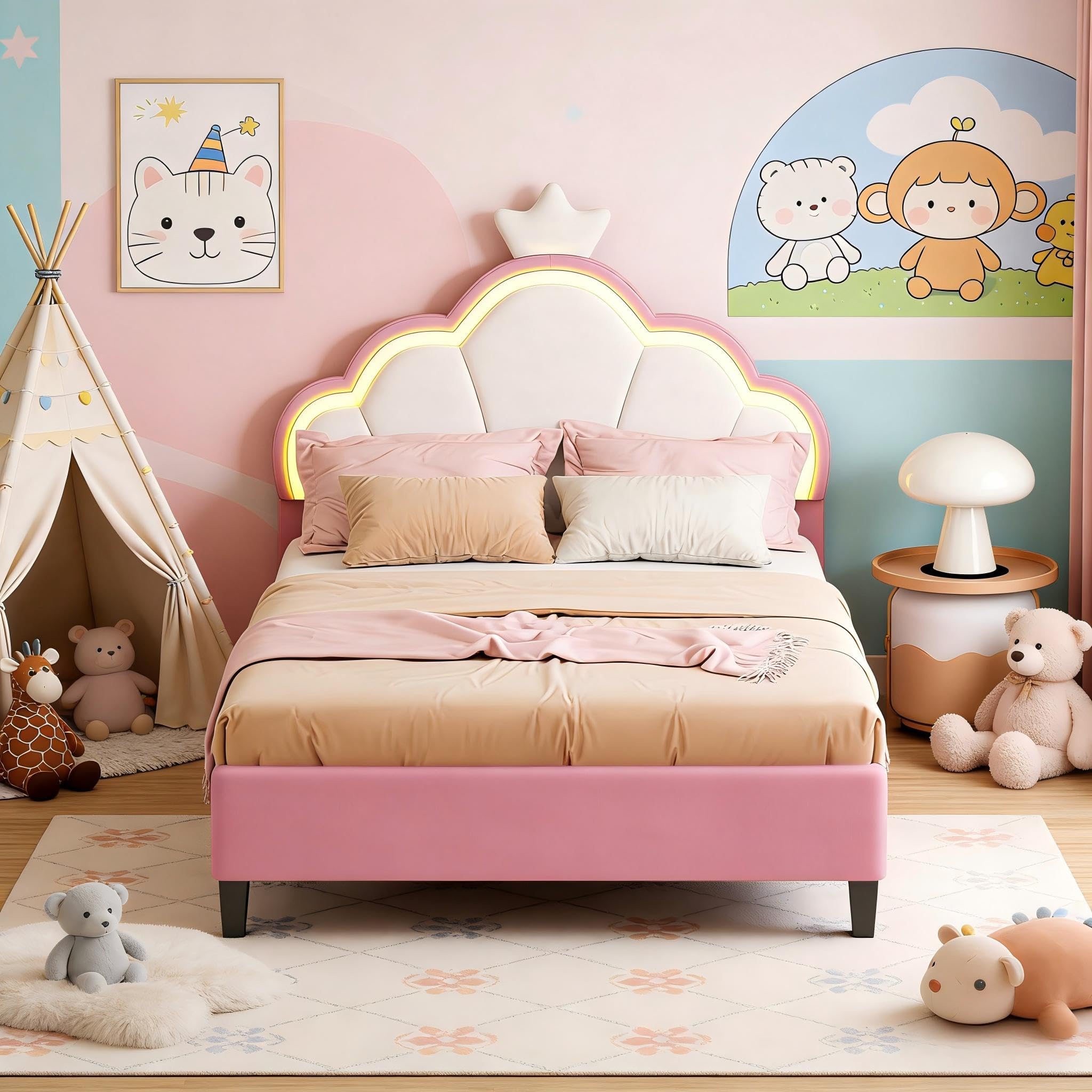 Cama infantil acolchada 90 x 200 cm, cama individual para niña con iluminación LED y somier de láminas, cabecero ajustable en forma de corona, terciopelo, rosa, sin colchón (rosa, 90 x 200 cm