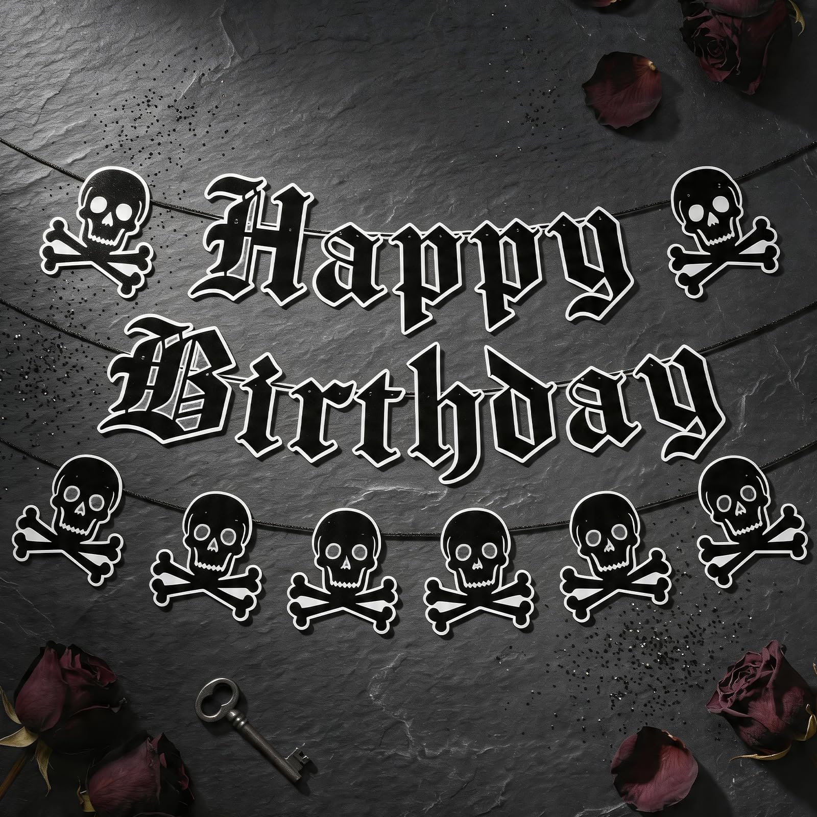 Gothic Birthday Banner with Skull Design - 2PCS Glitter Paper Party Decor for Adults - Easy Hang Dark Aesthetic Banner for Unique Celebration