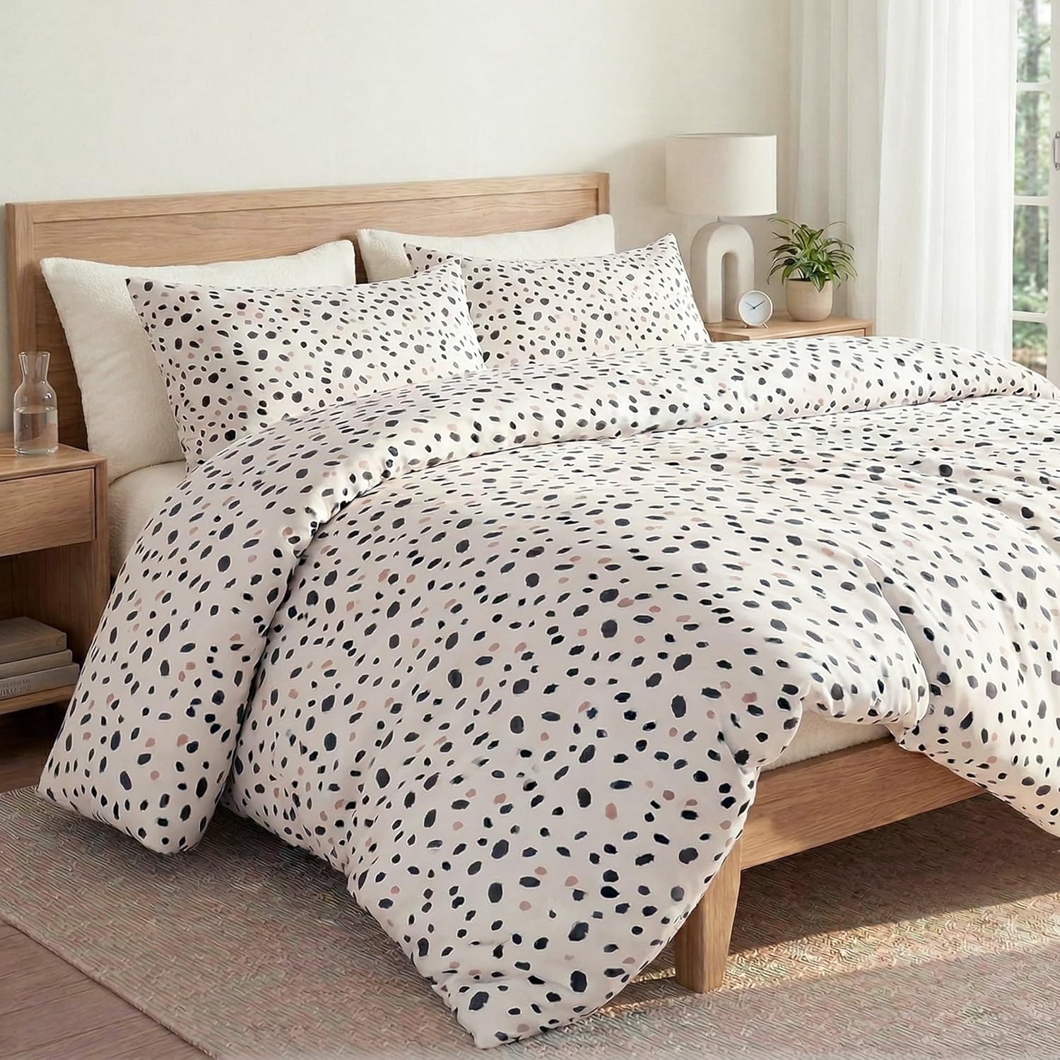 100% Cotton Duvet Cover Queen Size, Pink and Brown Dalmatian Spotted Bedding Set with Zipper Closure, Modern Irregular Speckled Comforter Cover with 2 Pillowcases for All Seasons