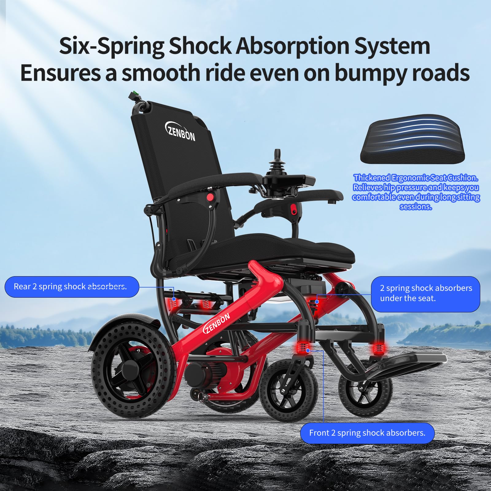 Rollstuhl Elektrisch Leicht Faltbar 17.8kg: Elektrischer Rollstuhl mit Fernbedienung und Hinterer Schiebehilfeknopf - All Terrain Elektrischer Rollstuhl Klappbarer 150KG (Rot Schwarz)