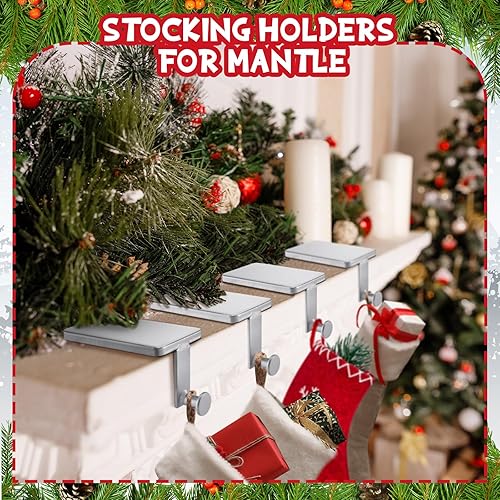 Miniatura 5 de Soportes para calcetines de Navidad, ganchos resistentes de hierro forjado con almohadilla protectora para chimenea y estante del hogar (plateado, 2