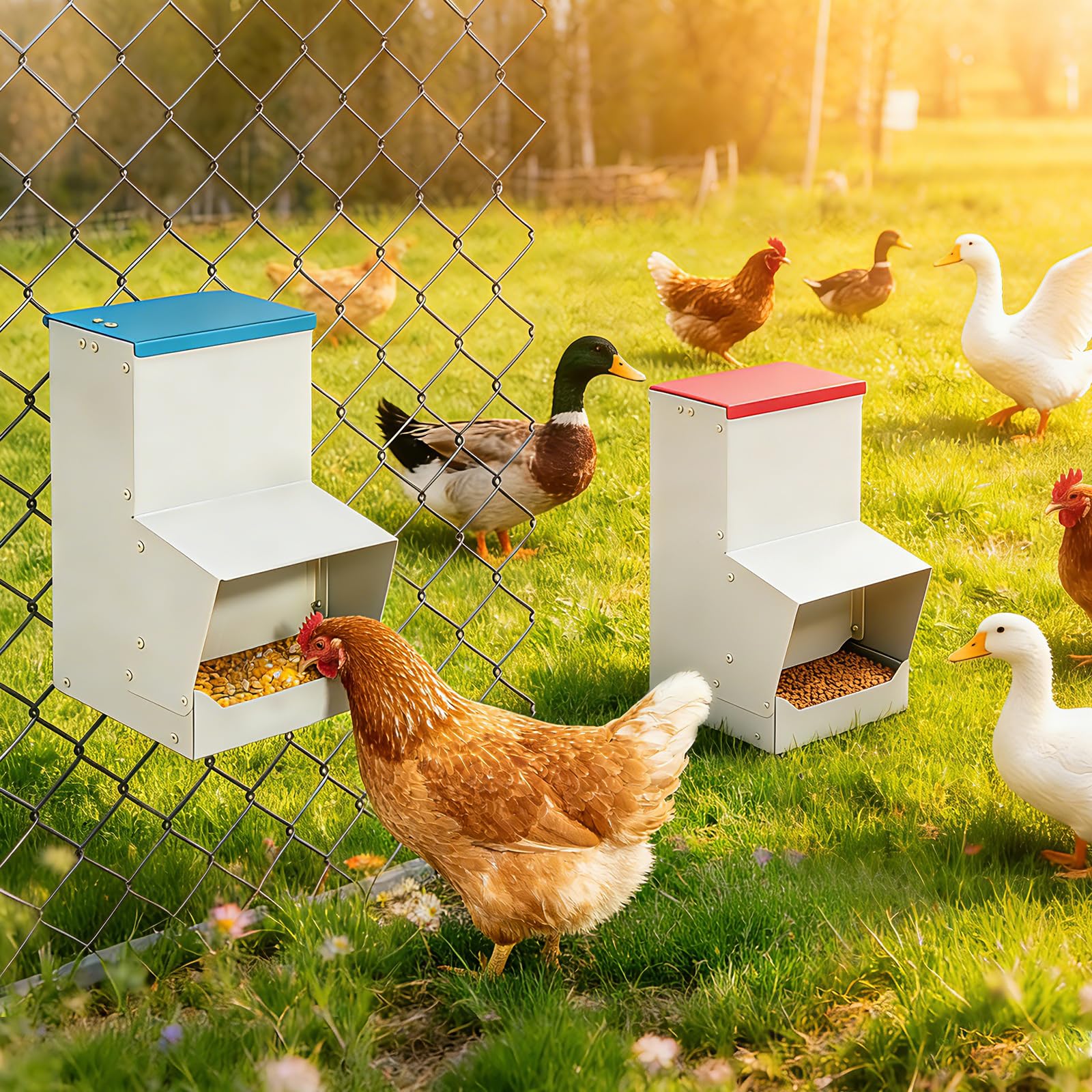 Comedero Automático para Gallinas, Metal, 10L Distribuidor Automático de Alimento, Comedero Colgante para Patos, Pollos, Antidesperdicio