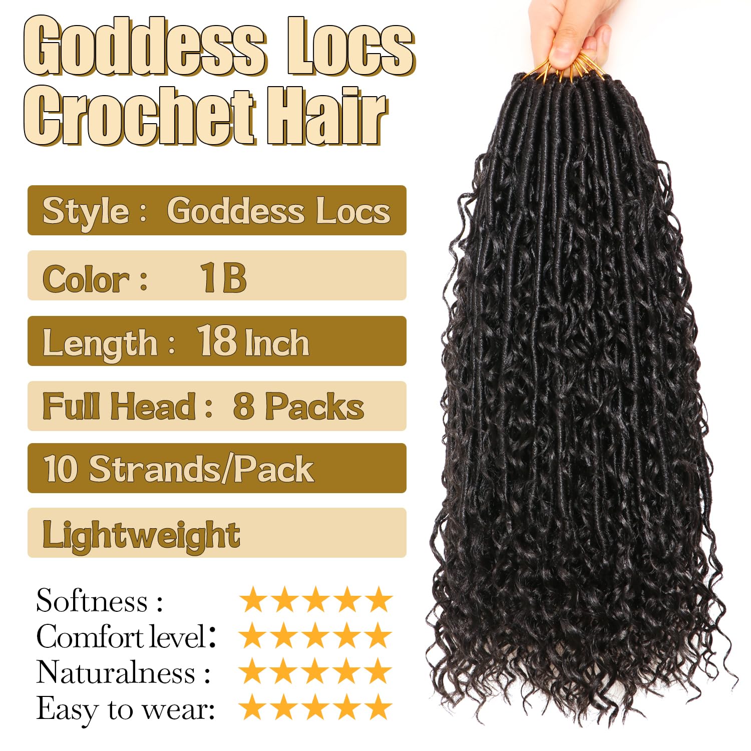 8 Packs Goddess Faux Locs Crochet Hair-18 Inch Boho Soft Locs Crochet Hair for Black Women (#1B, 18 Inch(Pack of 8))