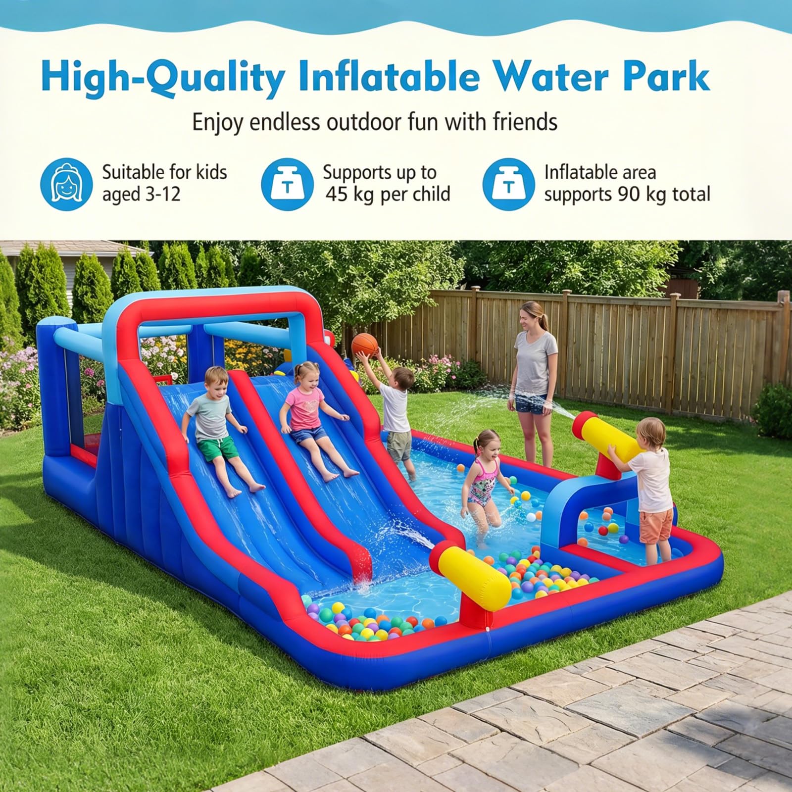 GIANTEX Castello Gonfiabile per Bambini con Scivolo, Piscina Gonfiabile in Tessuto Oxford con Canestro da Basket, Cannone ad Acqua e Parete da Arrampicata, Parco Giochi Grande da Esterno per 3-12 Anni