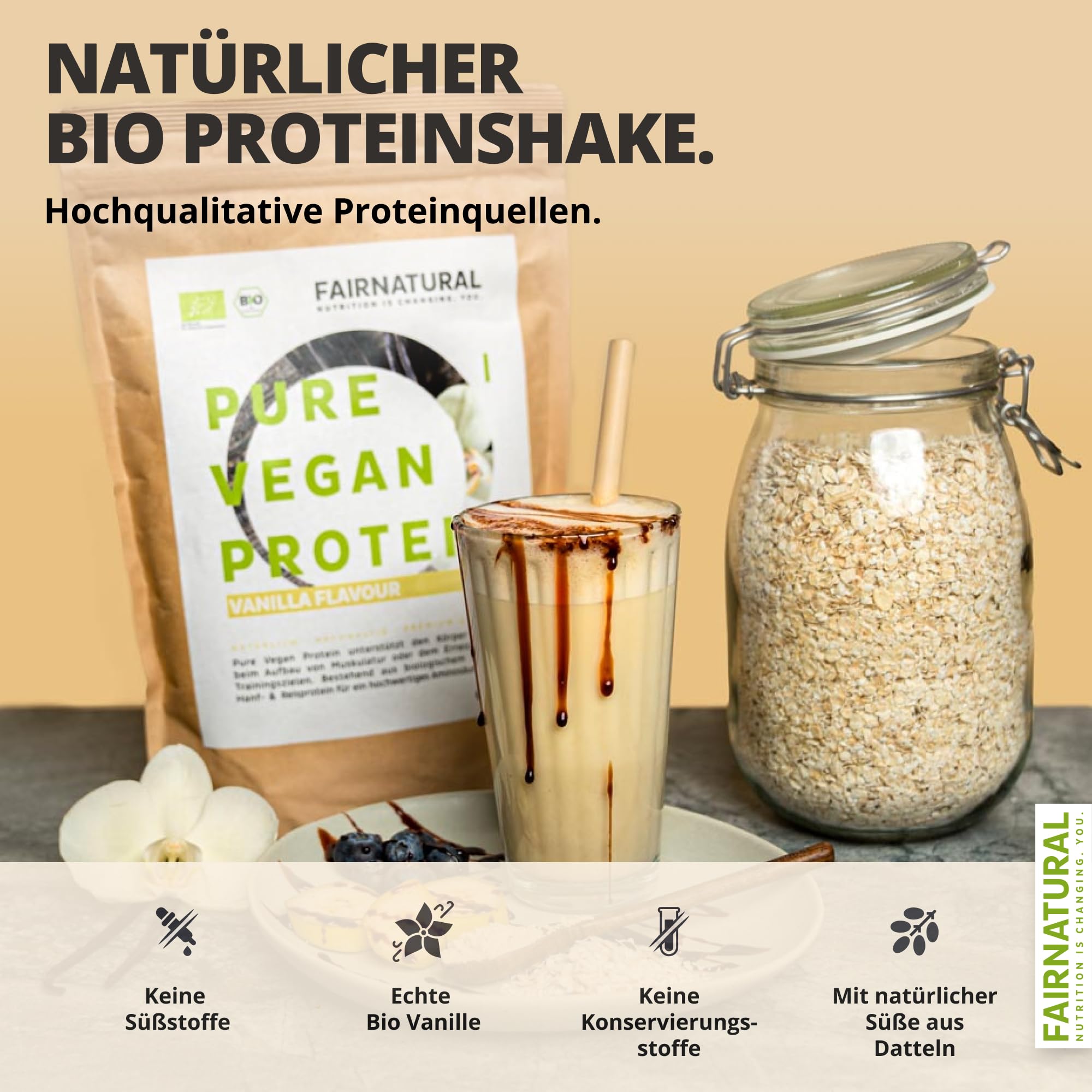 FAIRNATURAL Bio Veganes Proteinpulver Vanille ohne Soja [600G] 5K Protein Pulver Laktosefrei - Vegan Protein Powder - Pflanzliches Proteinpulver - Regional aus DE - Proteinshake Vegan - Eiweißpulver