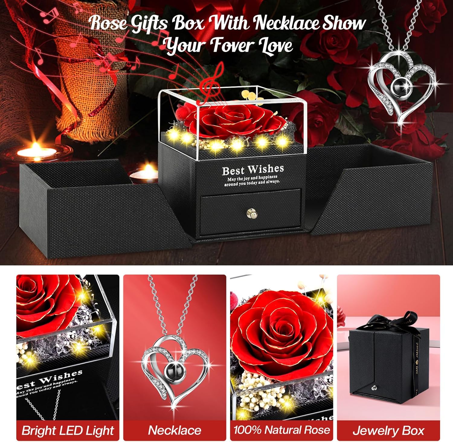 Mothers Day Mom Birthday Gifts for Women, Preserved Real Rose with I Love You Heart 100-Language Necklace, LED Lights & Music Box, Anniversary for Women Girlfriend Mom