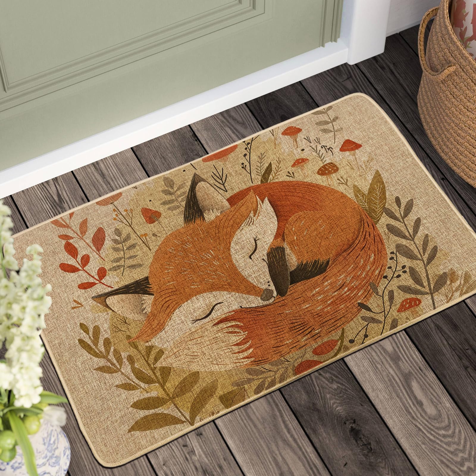 Autumn Fox Doormat, Fall Animal Door Mat for Outdoor & Indoor Entrance Woodland Decor, Rubber Waterproof Non-Slip Dust Absorbent Front Doormat, Easy