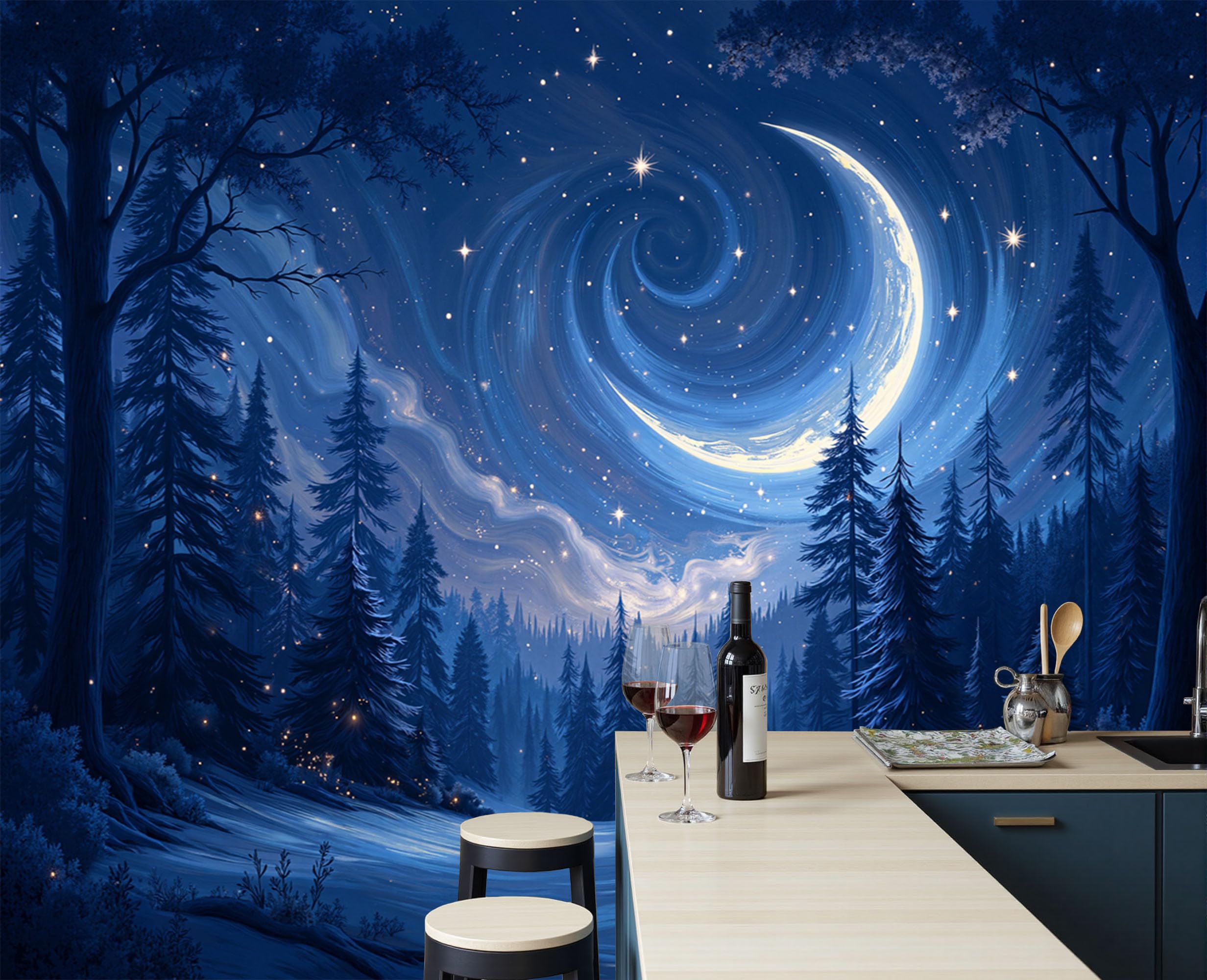 Fresque murale bleu profond avec vortex étoilé pour un salon chic