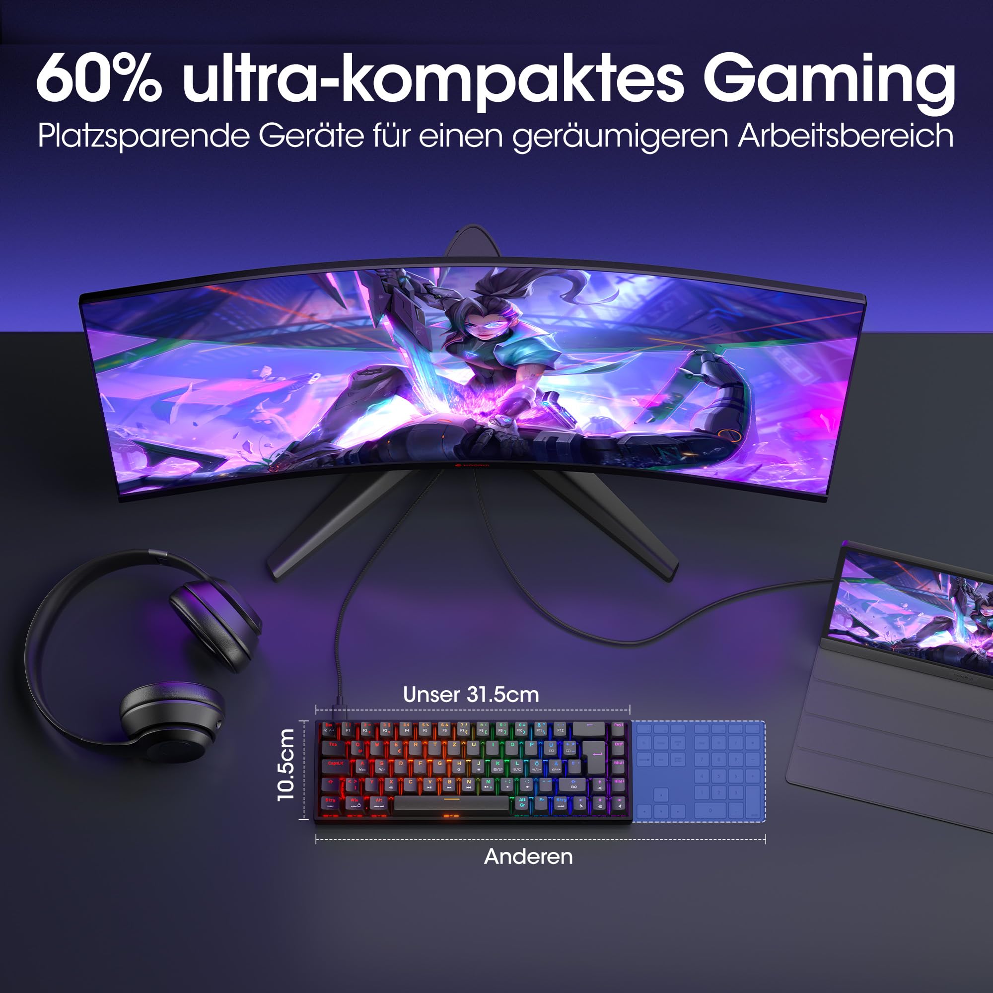 KOORUI Klawiatura mechaniczna, 60% klawiatura gamingowa z 12 przyciskami, wielofunkcyjny przycisk, kabel USB, pełny układ klawiatury, niemiecki układ QWERTZ, do Windows MacOS Linux, czerwony