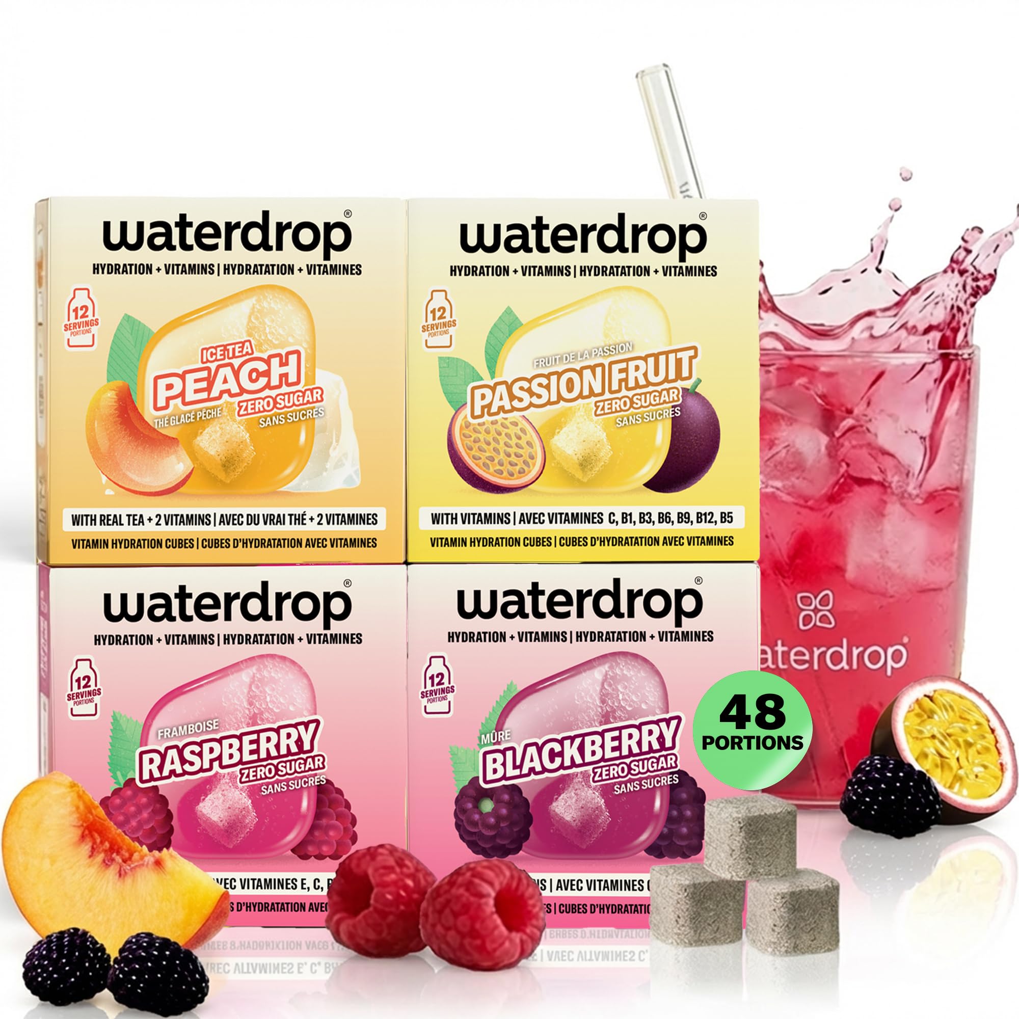 waterdrop® Coffret Microdrink | 48 waterdrop boisson en cube effervescente en 4 saveurs | Extraits naturels de fruits et de plantes | Avec vitamines | Boisson sans sucre | Eau aromatisée en pastille