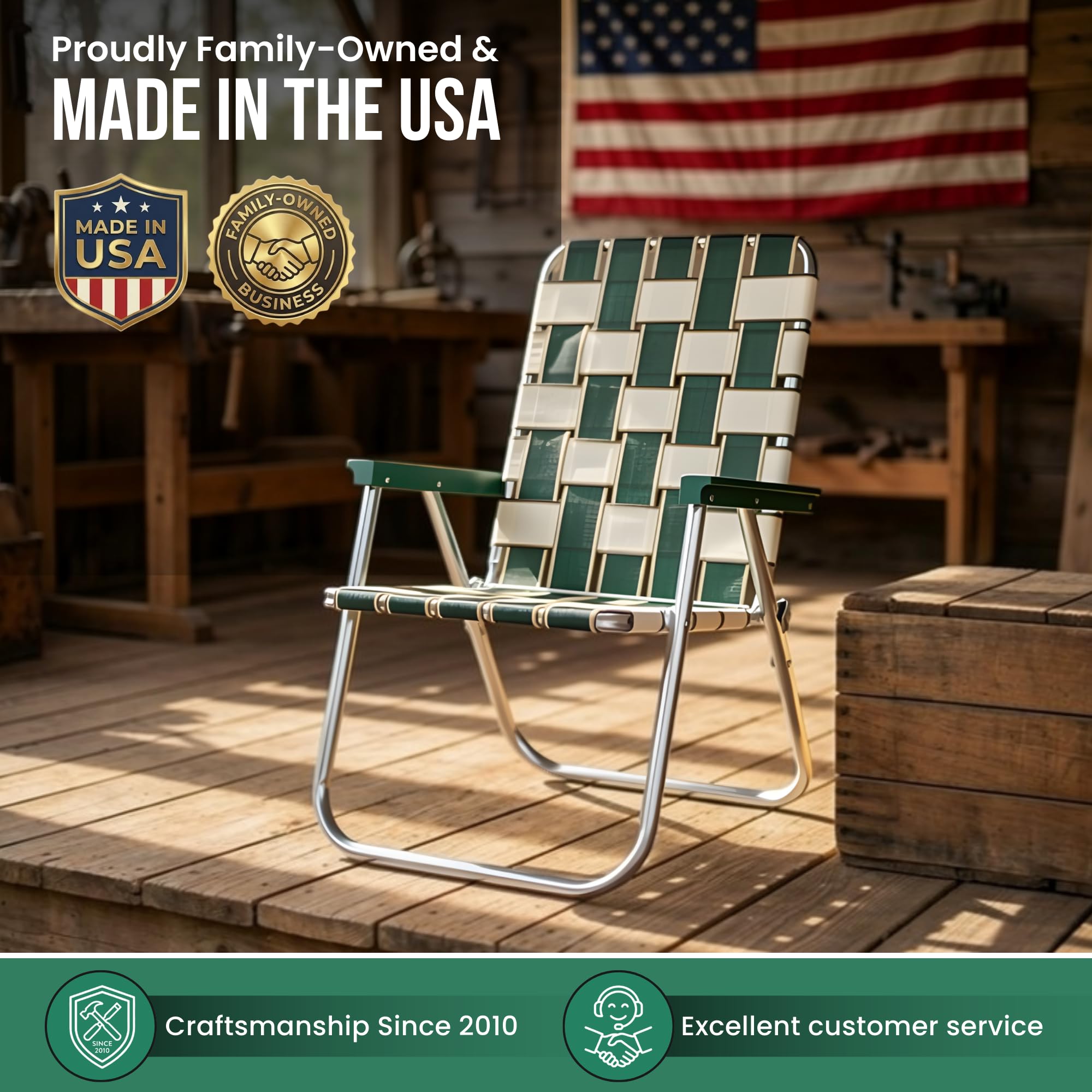 Lawn Chair USA - Outdoor-Stühle für Camping Hergestellt mit leichtem Aluminiumrahmen und UV-beständigem Gurtband, zusammenklappbar für einfache Lagerung, 2er-Pack (Charleston mit grünen Armen,