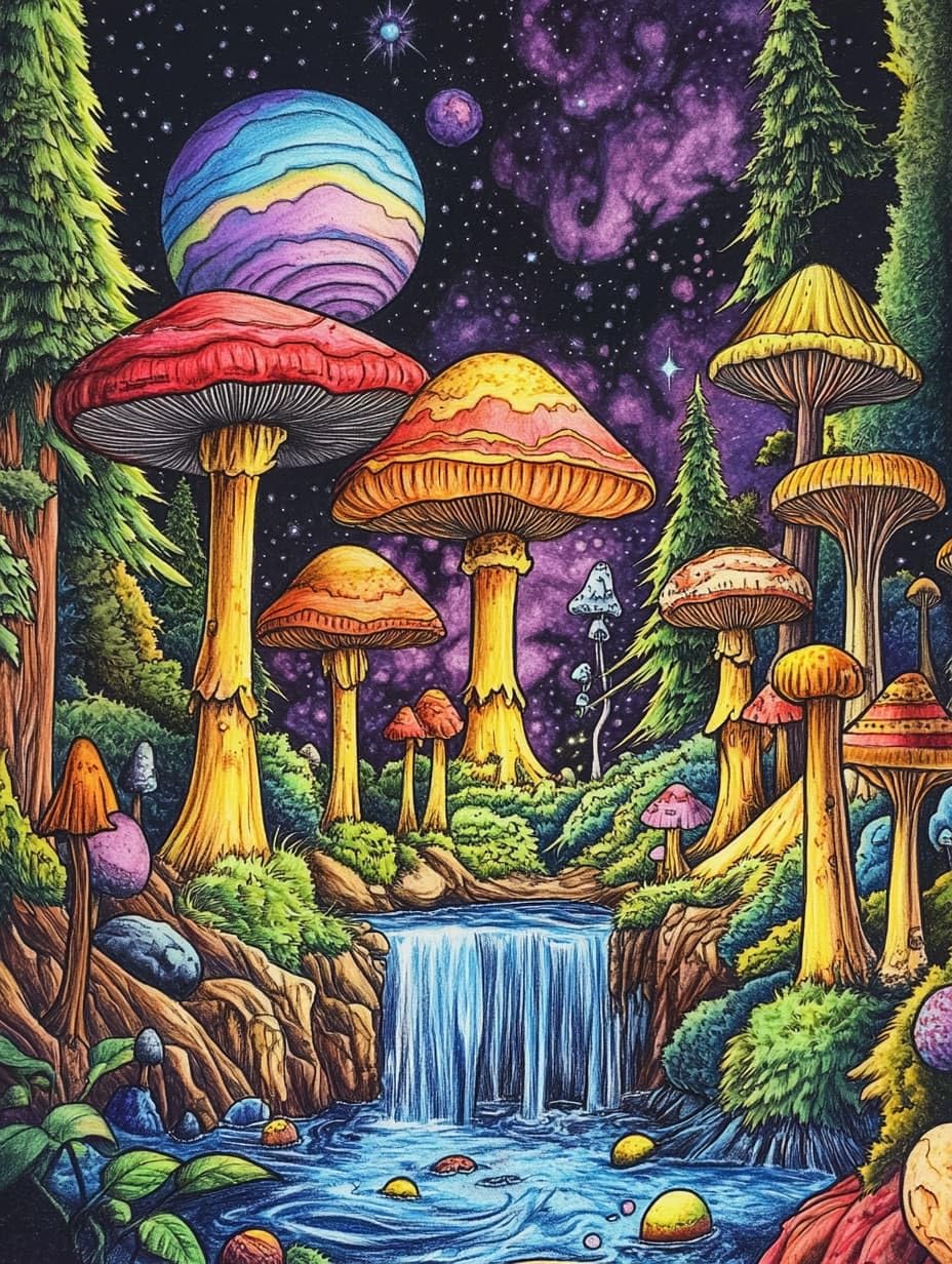 AMBATTERY DIY Easy Cross Stitch Kits, Fantasy Mushrooms 11CT Stamped Embroidery Starter Kit for Cross-Stitch Supplies Needlework Craft