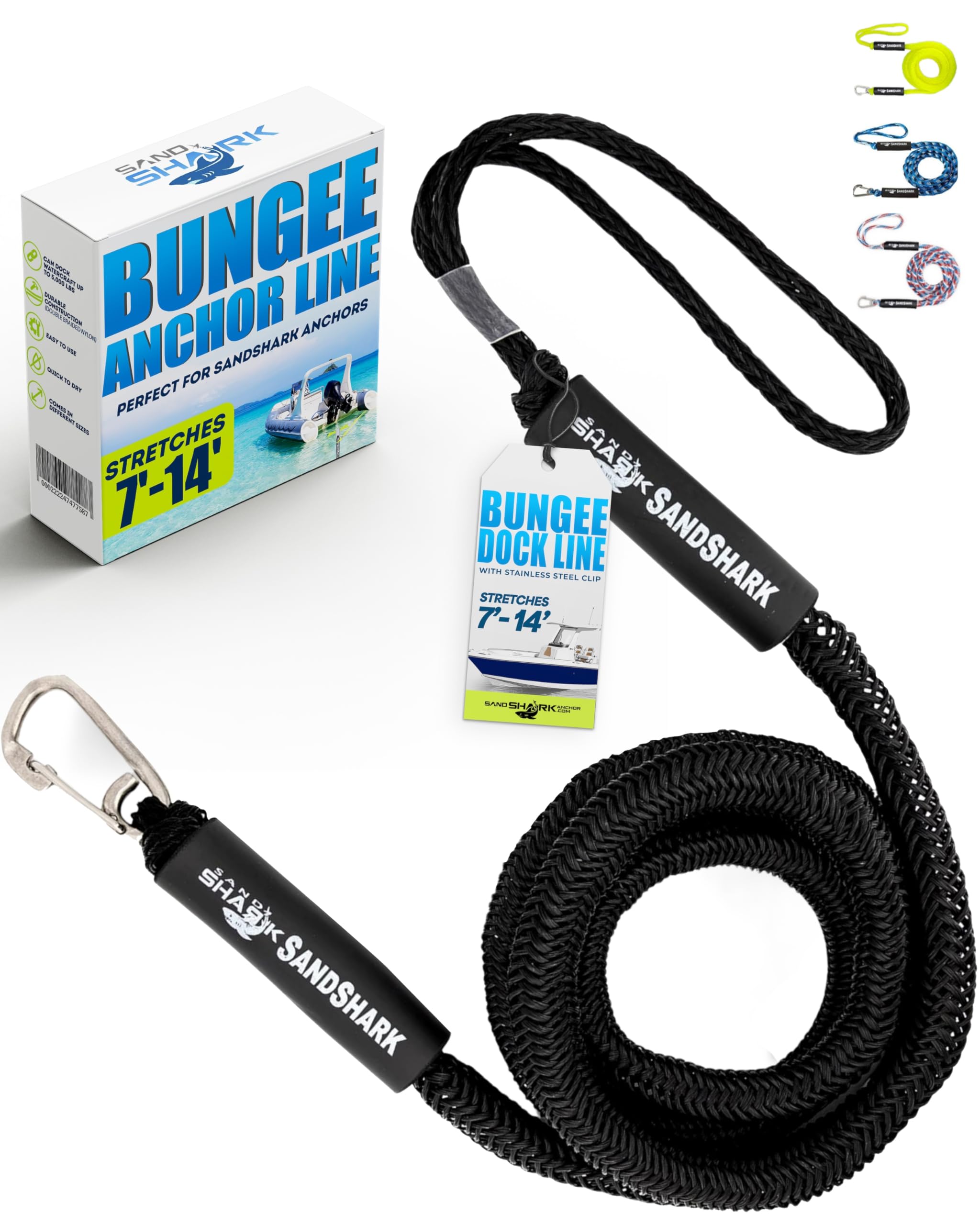 SAND SHARK SANDSHARKANCHOR.COM SandShark Anchor Bungee Dock Line, Boat Accessories. Absorbs Shock to Anchors and Docks Stretches from 7'-14' w/Stainless Steel Clip. Designed for SandShark Anchors.