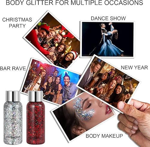 Miniatura 7 de Paquete de 2 botellas de gel con purpurina corporal holográfica de larga duración para cabello, cuerpo y uñas, maquillaje corporal líquido de 9