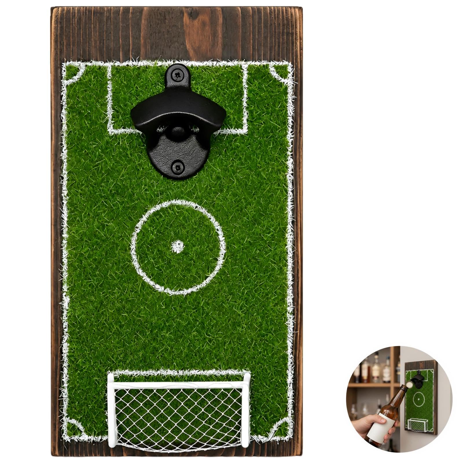Fußballfeld Flaschenöffner zur Wandmontage, Wandöffner aus Gusseisen mit Flaschenverschluss Auffangnetz, für Partykeller Deko, Geschenkidee für Fußballfans und 2026 Viewing Party