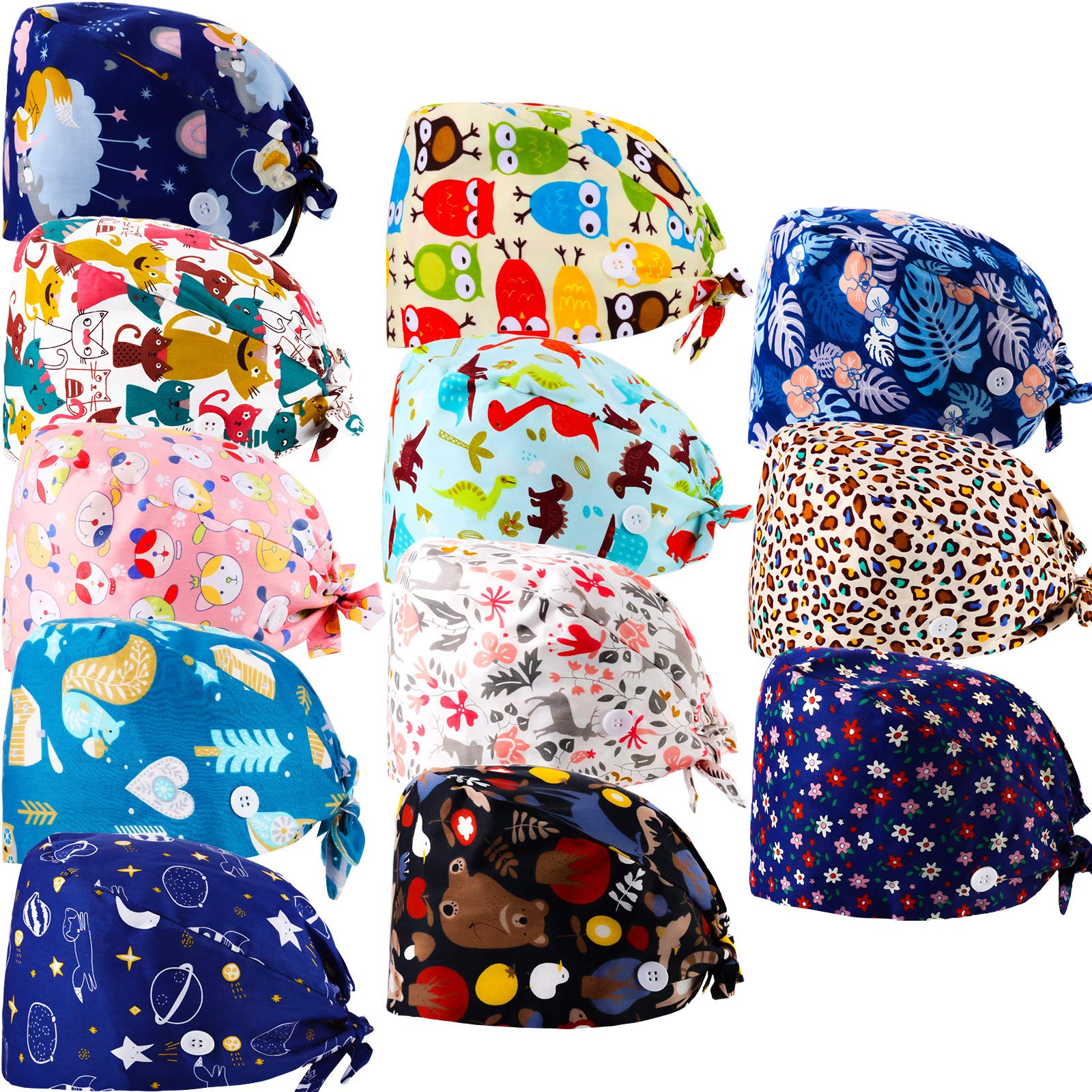 Geyoga12 Pieces Bouffant Caps with Buttons Adjustable Sweatband Head Hair Covers Unisex Tie Back Hats (Mixed Cartoon Patterns)