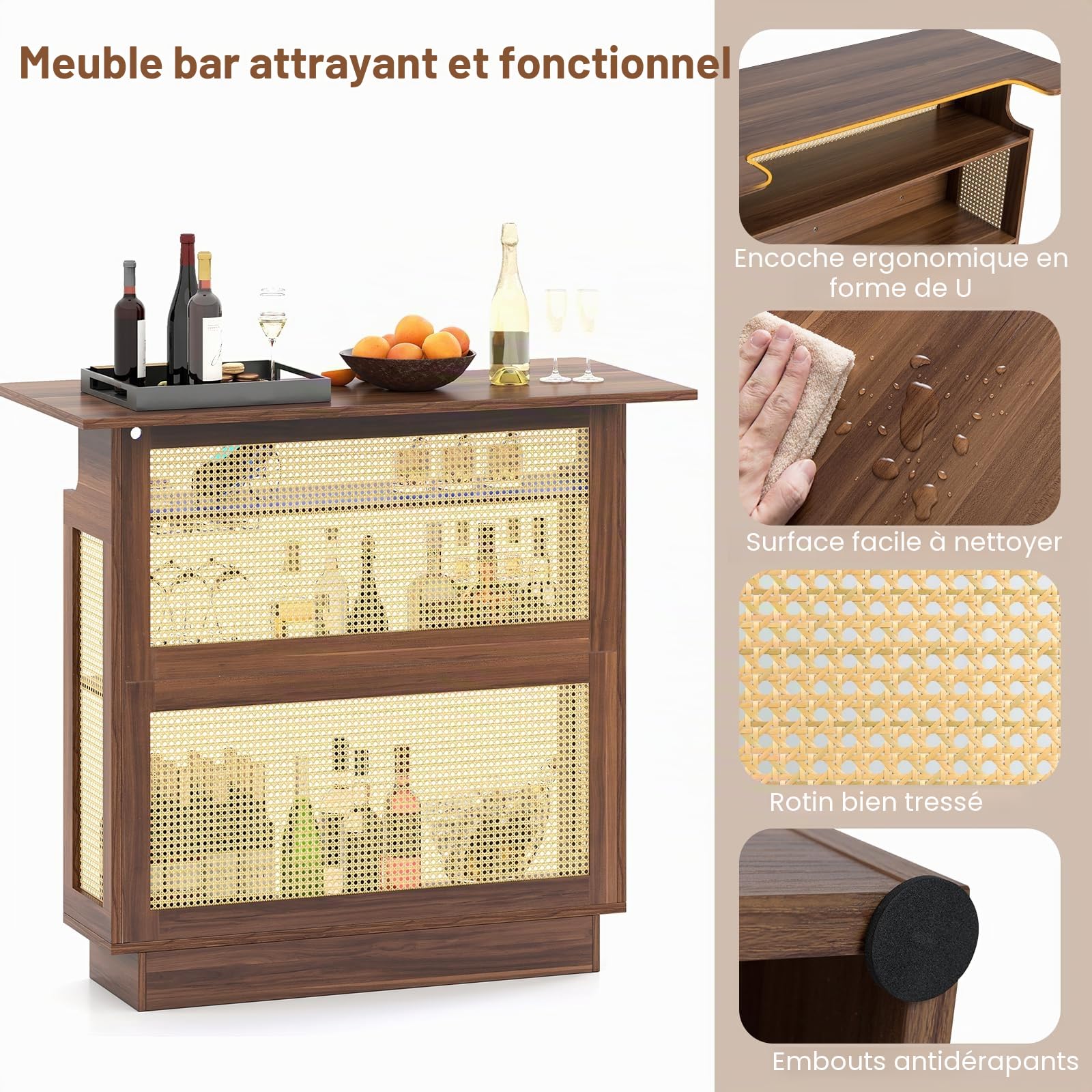 LIFEZEAL Table de bar en bois, comptoir de maison, bar avec éclairage LED, étagère de cuisine en rotin avec porte-verres et étagère, table de bistrot, table haute, comptoir de bar, design industriel