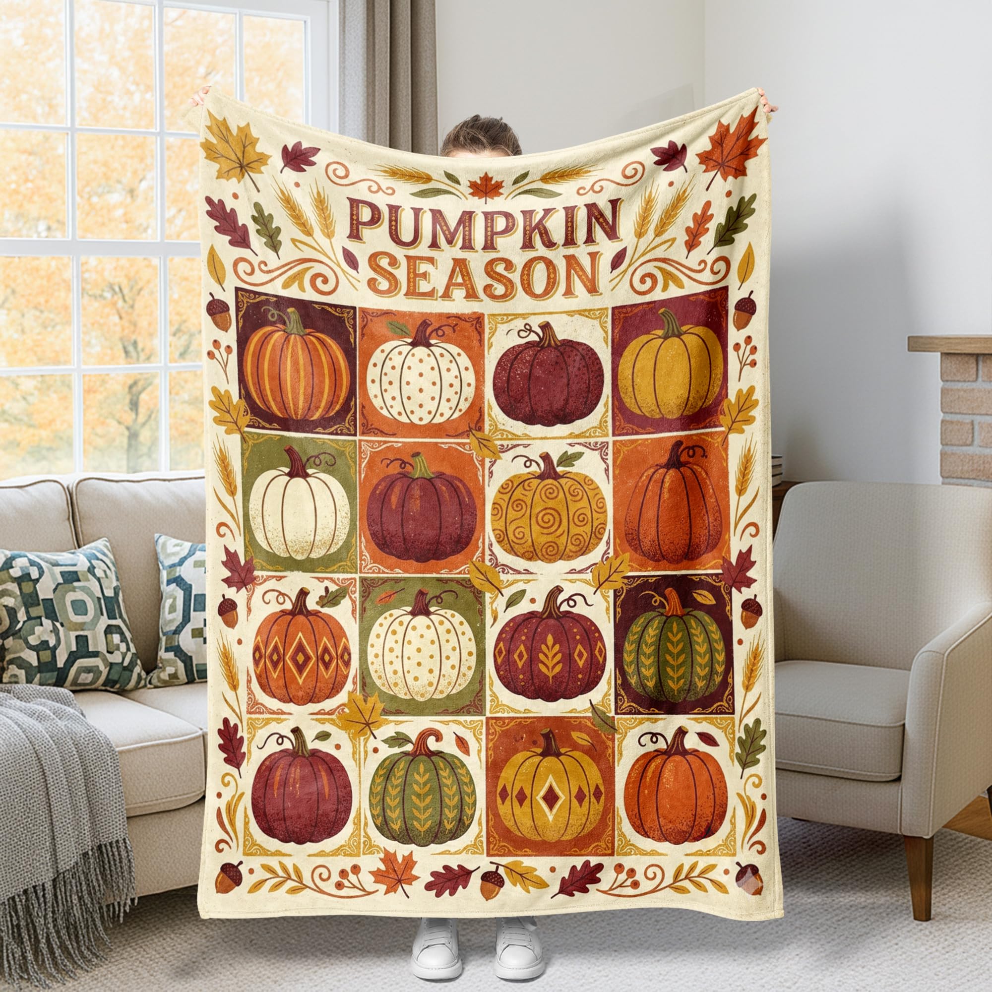 Plaid citrouilles rustiques en polaire chaude pour réchauffer le lit et le canapé en hiver