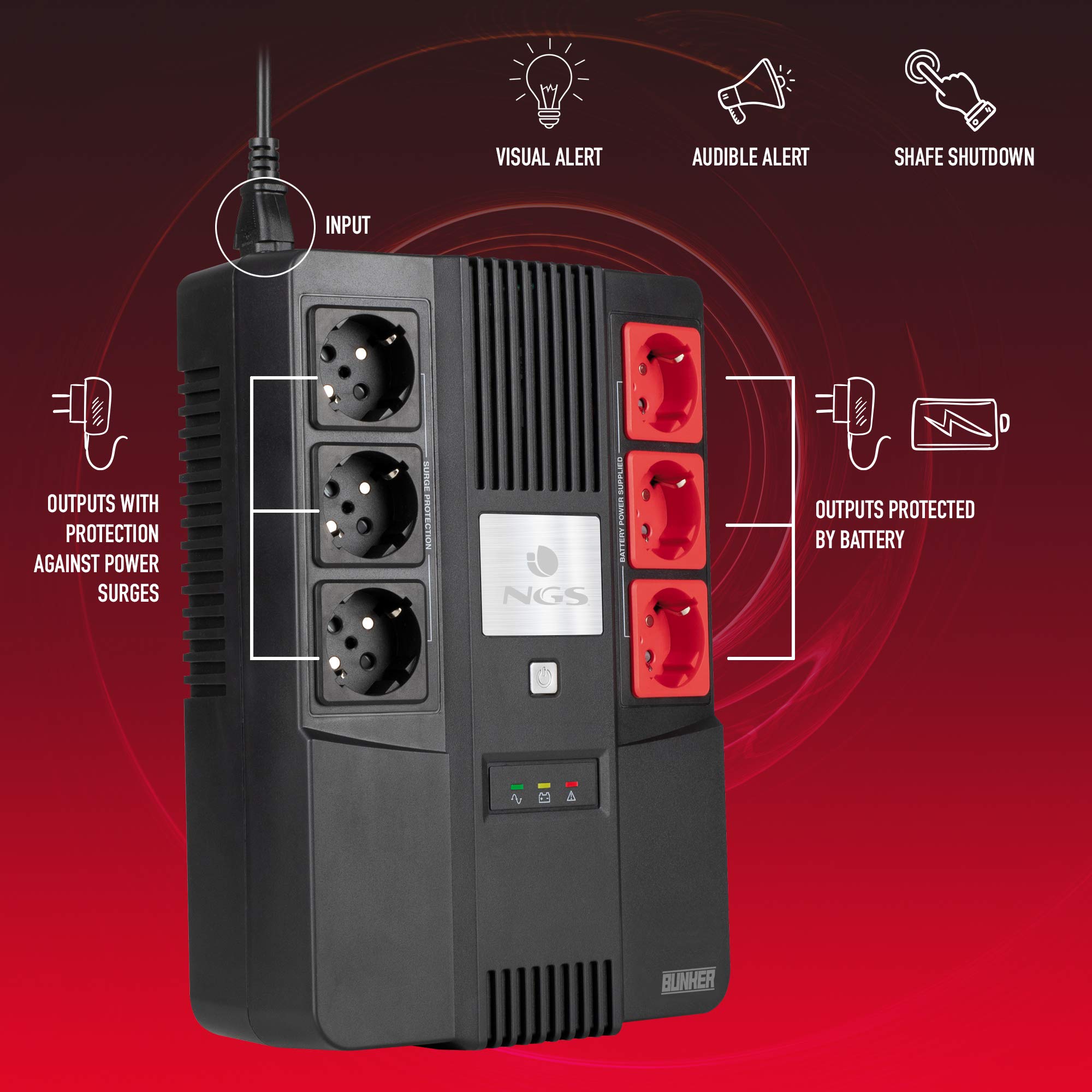 NGS FORTRESSBUNKER - Gruppo di Continuità SAI, Off Line UPS 600 VA 360W con Batteria Incorporata 12V/7Ah e 6 Prese Schuko con Protezione contro i Picchi di Tensione