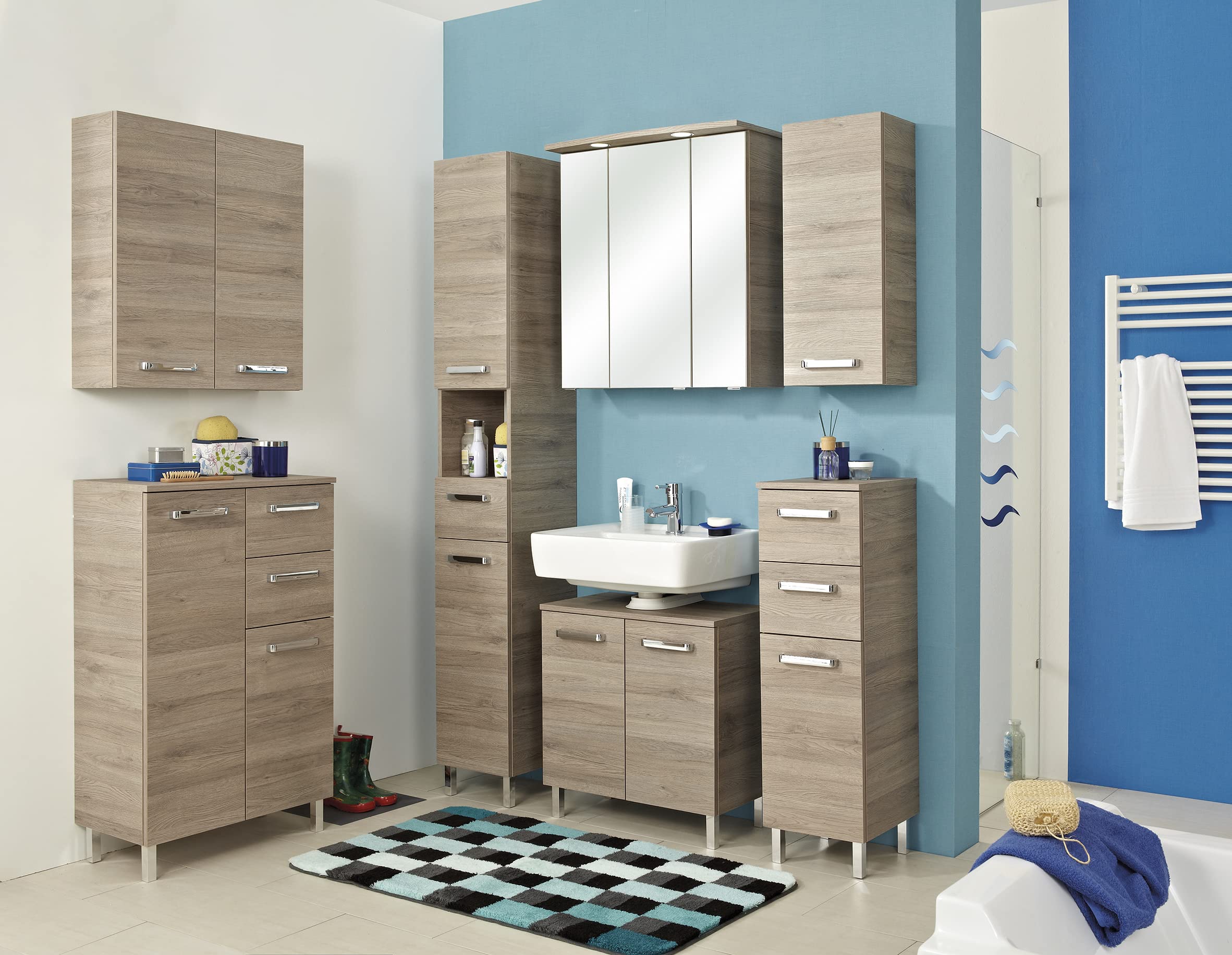 Pelipal Badezimmer Hängeschrank Quickset 313 in Sanremo Eiche Terra quer Nachbildung, 60 cm breit | Bad Wandschrank mit 2 Türen und 2 Einlegeböden