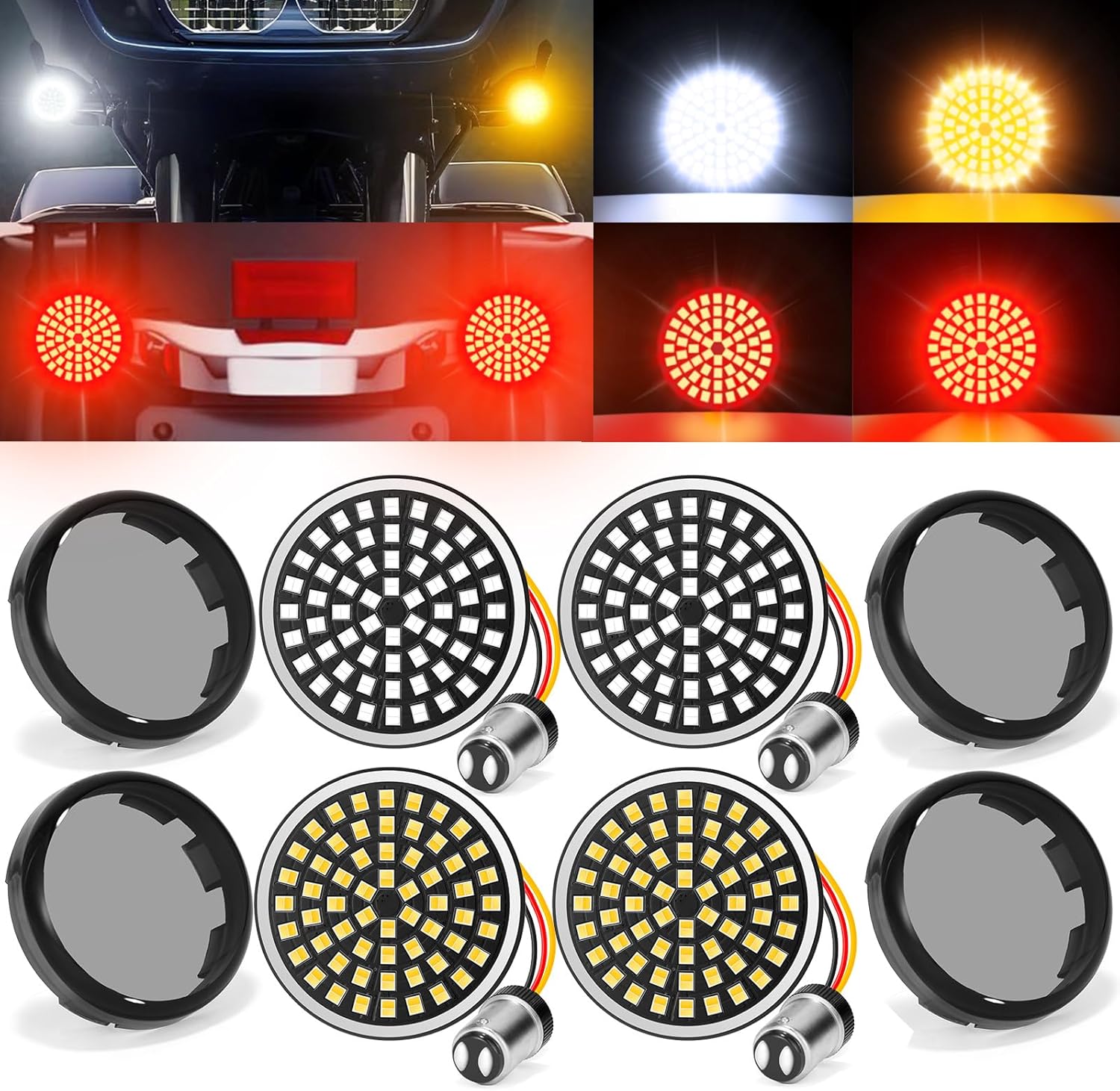 1157 Motorcycle LED Turn Signals, 2 Inch Bullet Style Front Rear LED Blinkers with 4 Smoked Lenses 60 LED Chips Compatible With Harley Davidson Street Glide Road Glide Dyna Softail Sportster