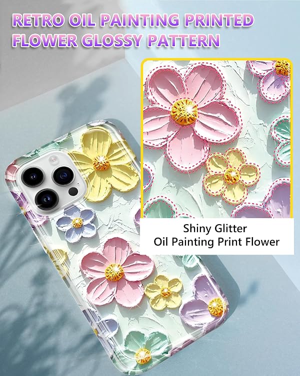 JIAXIUFEN Case for iPhone 14 Pro Sparkle Glitter Retro Oil Painting Printed Flower Design Slim Shockproof Protective TPU Soft Silicone Cover Phone Case Mint Colorful by JIAXIUFEN - Used condition - Image 2