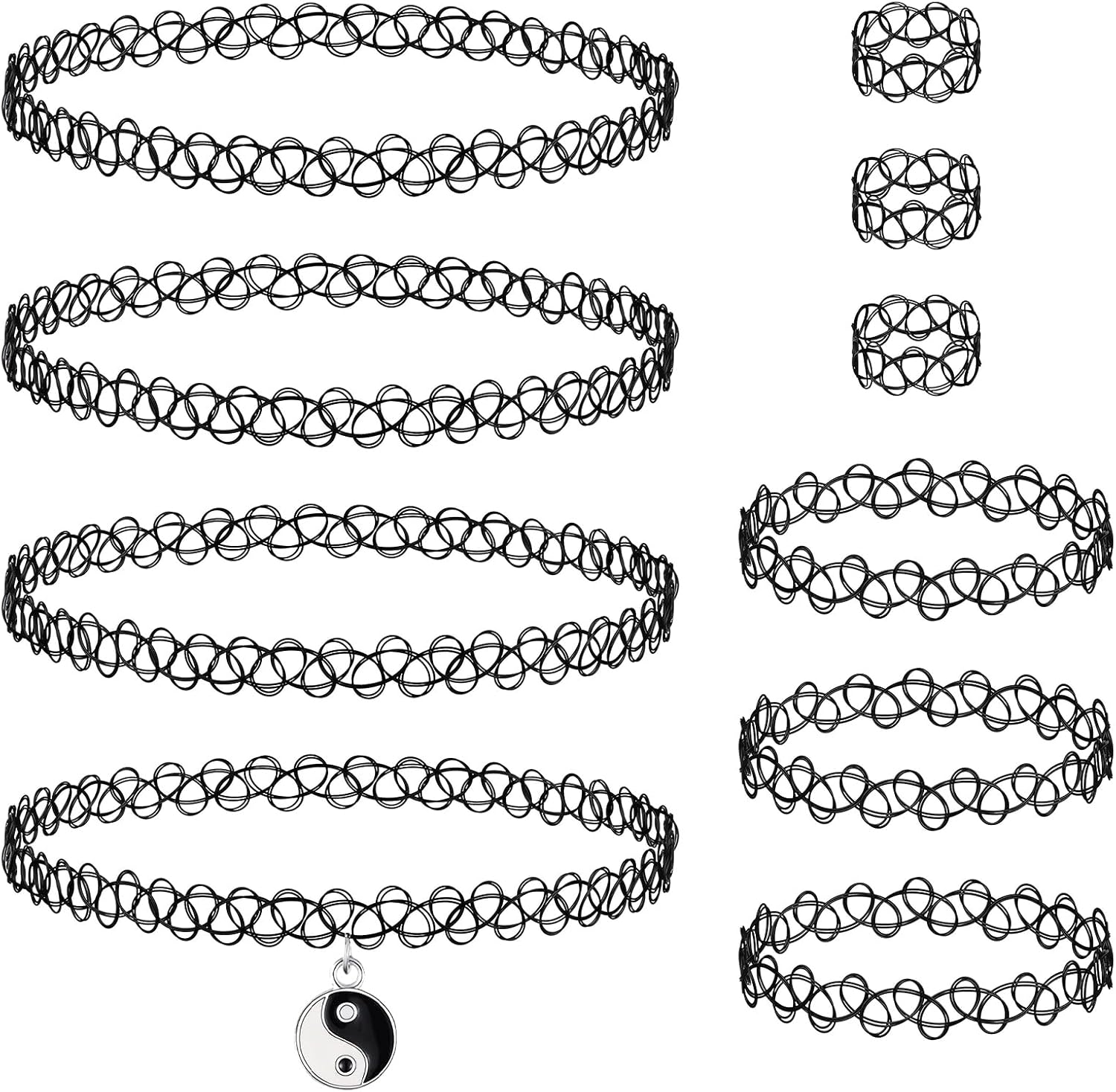 90s Tattoo Choker Necklace, Bracelet & Ring Set for Women - Black Stretch Retro Grunge Y2K Alternative Gothic Emo Accessories