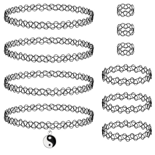 90s Tattoo Choker Necklace, Bracelet & Ring Set for Women - Black Stretch Retro Grunge Y2K Alternative Gothic Emo Accessories
