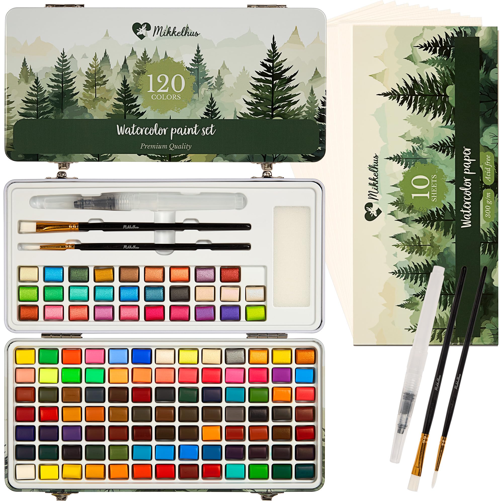 Mikkelhus 120 Colours Watercolour Paint Set - Including Metallic & Fluorescent - Portable Travel Water Colour Paints Set With Brushes, Water Brush, Sponge & 300Gsm Paper - Gift Box For Artists