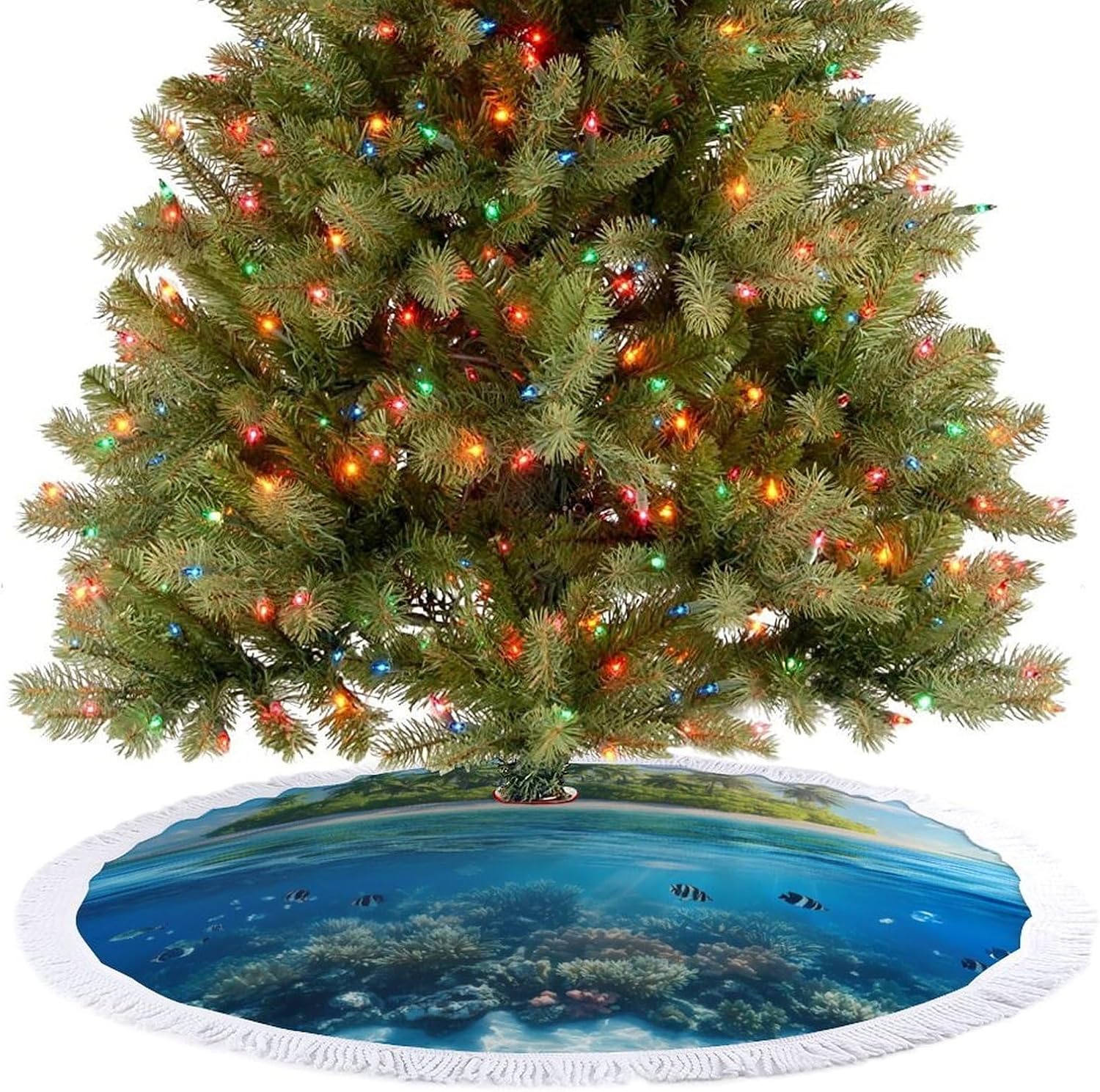 Tropical Island Snorkeling Fish Christmas Tree Skirt Round Xmas Tree Mat Ornaments Tree Skirts with Tassels for Holiday Party