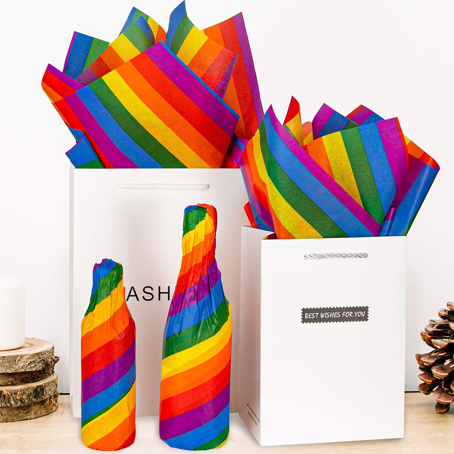 Whaline 100 Sheet Rainbow Tissue Paper Crepe Paper Colorful Stripes Art Tissue Bulk Colored Gift Wrapping Papers for DIY Art Craft Gay Pride Party Gift Bags Birthday Wedding Favors