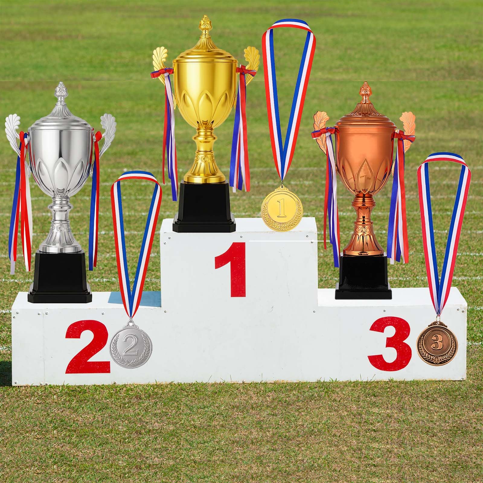 Trofeo de premio de oro de 16.5 pulgadas, gran copa de trofeo y medallas de premio con cinta para niños y adultos para deportes, competiciones, torneos
