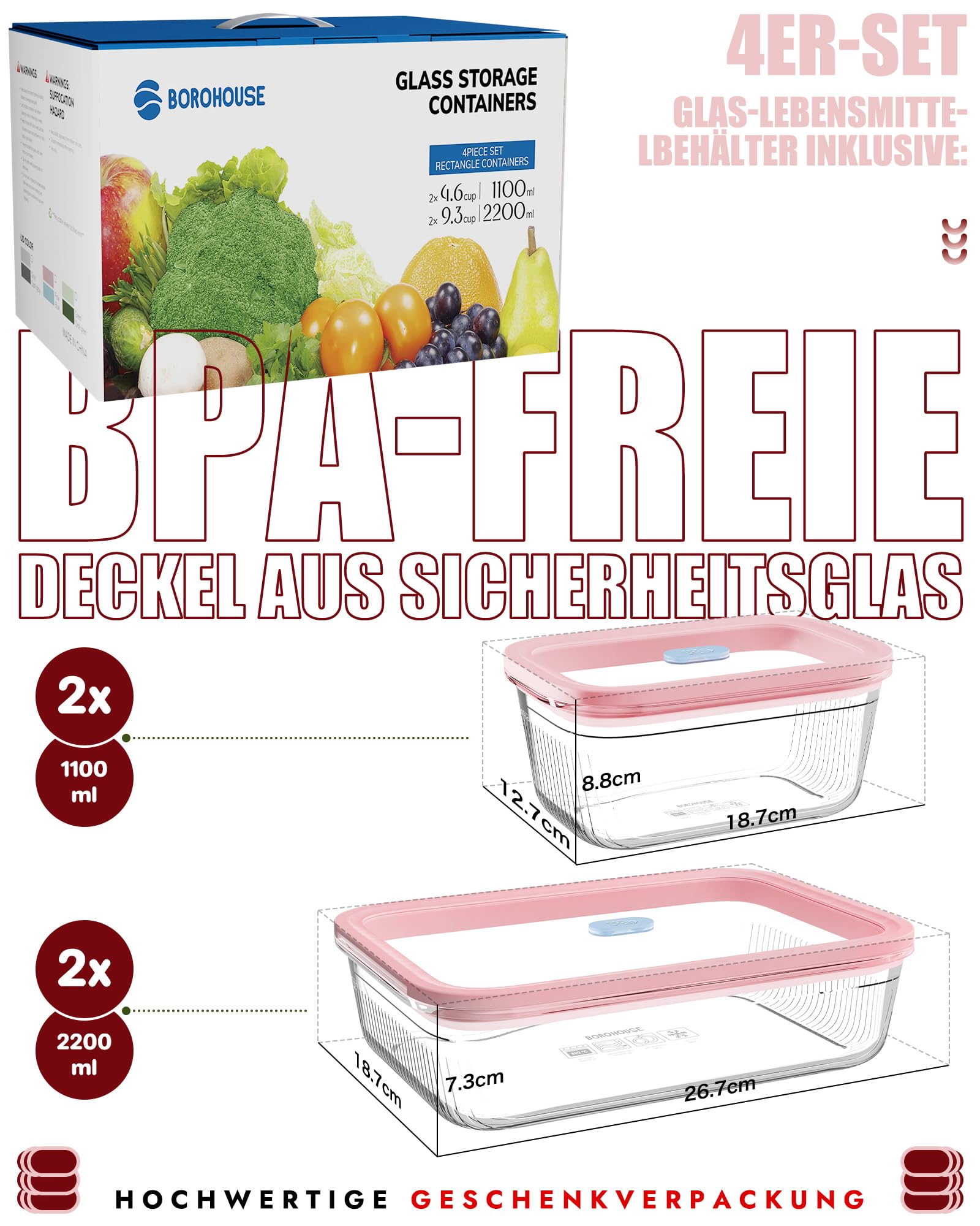 Glasdosen Set 4-tlg (2×1100&2×2200ml), Nachhaltig, Ofenfest bis 510°C, Mit Glasdeckel, Spülmaschinenfest