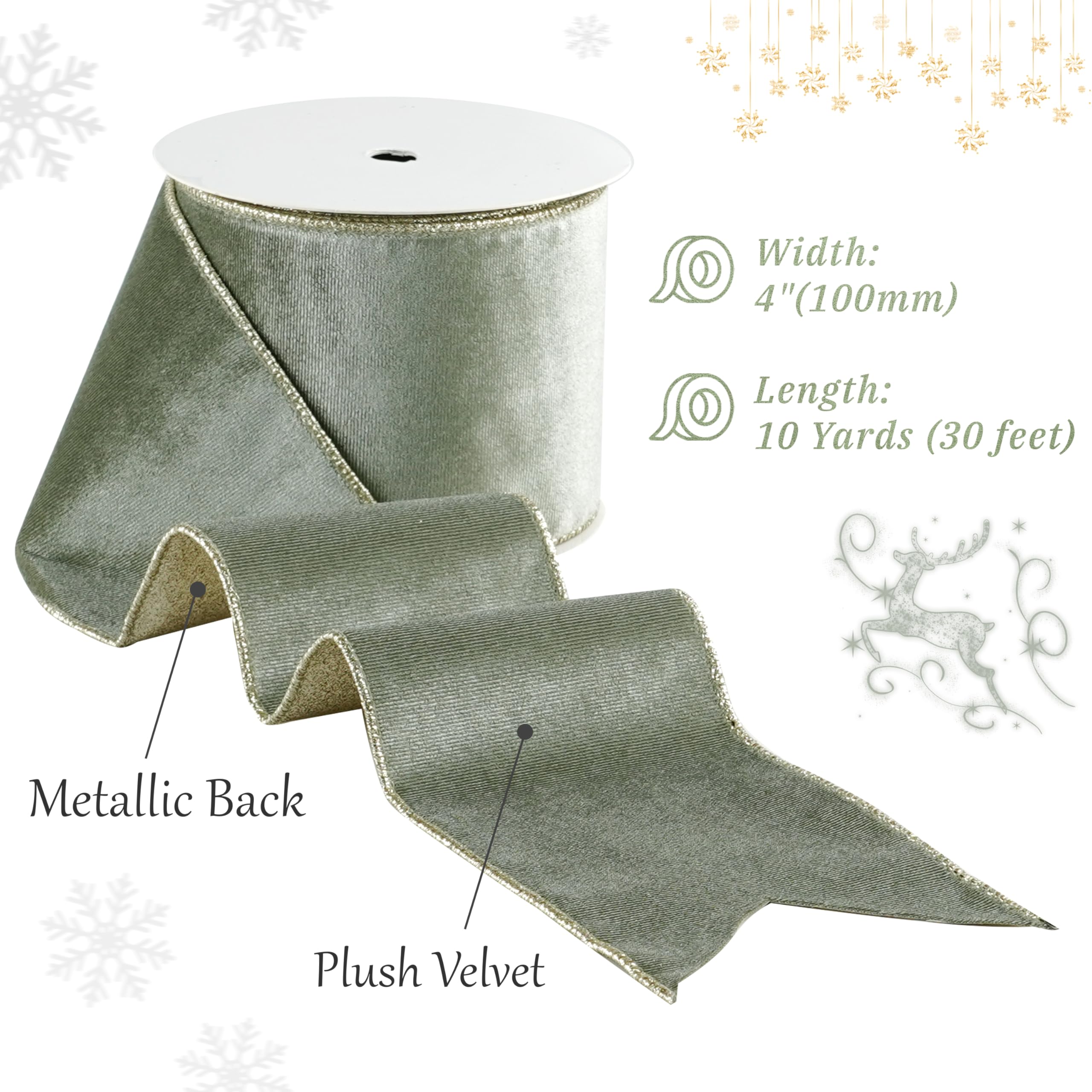 Samtband mit Glitzer-Rückseite, 10,2 cm, Grün und Gold, Weihnachtsband für Weihnachtsbaum, Geschenkverpackungen, Handwerk, Kränze, Topperschleifen (9,1 m)