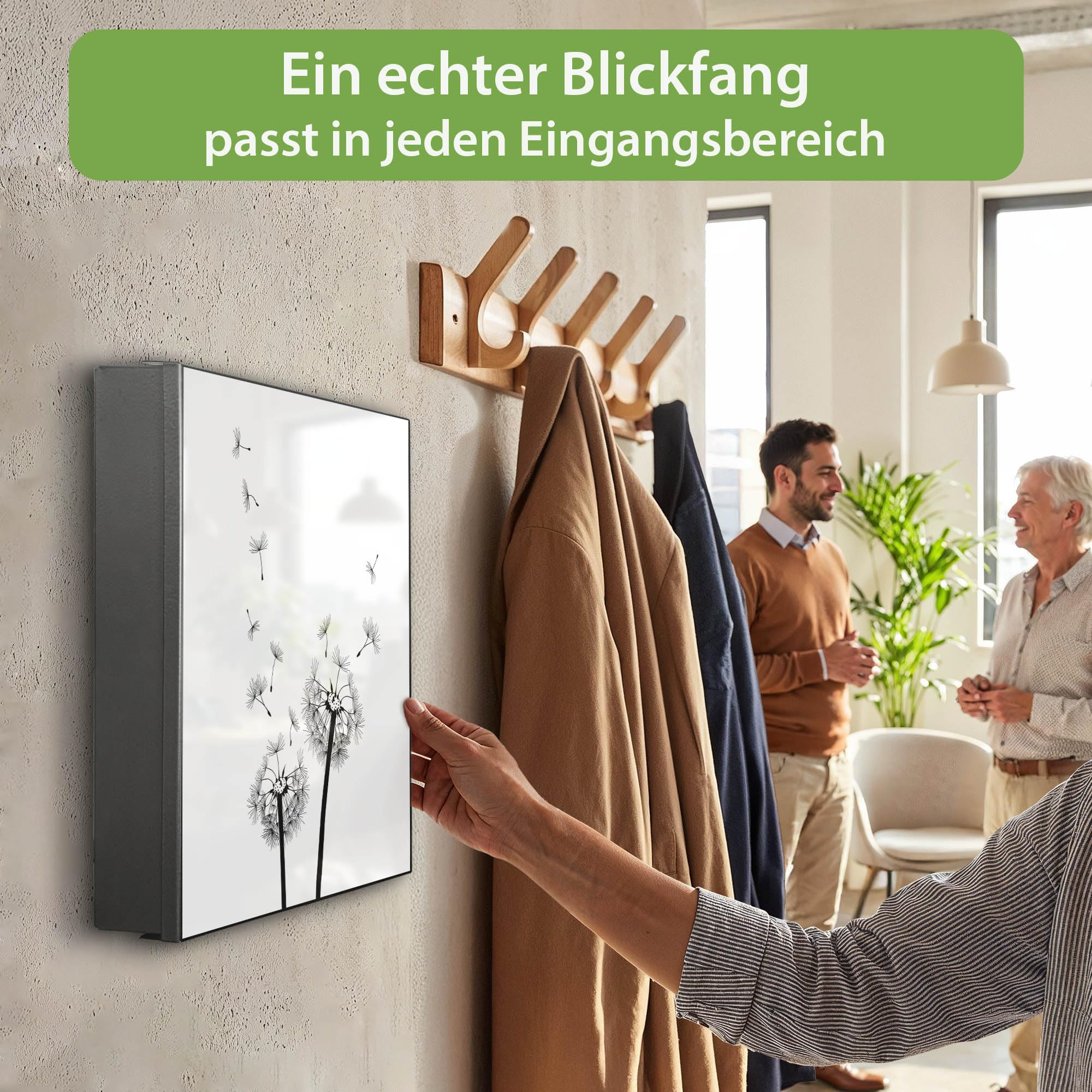 banjado Großer Schlüsselkasten Metall - Schlüsselbox 30x30cm beschreibbarer mit 32 Haken - Schlüsselkasten modern für Schlüsselaufbewahrung - Korpus Schwarz Scharnier Rechts - Motiv Pusteblume 2