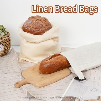 2 Pack 100% Linen Bread Bags for Homemade Bread Sourdough 13 x 19.6 Inch Reusable Bread Storage Bag 7.8 x 28.7 Inch for large Baguette (Dark Yellow)
