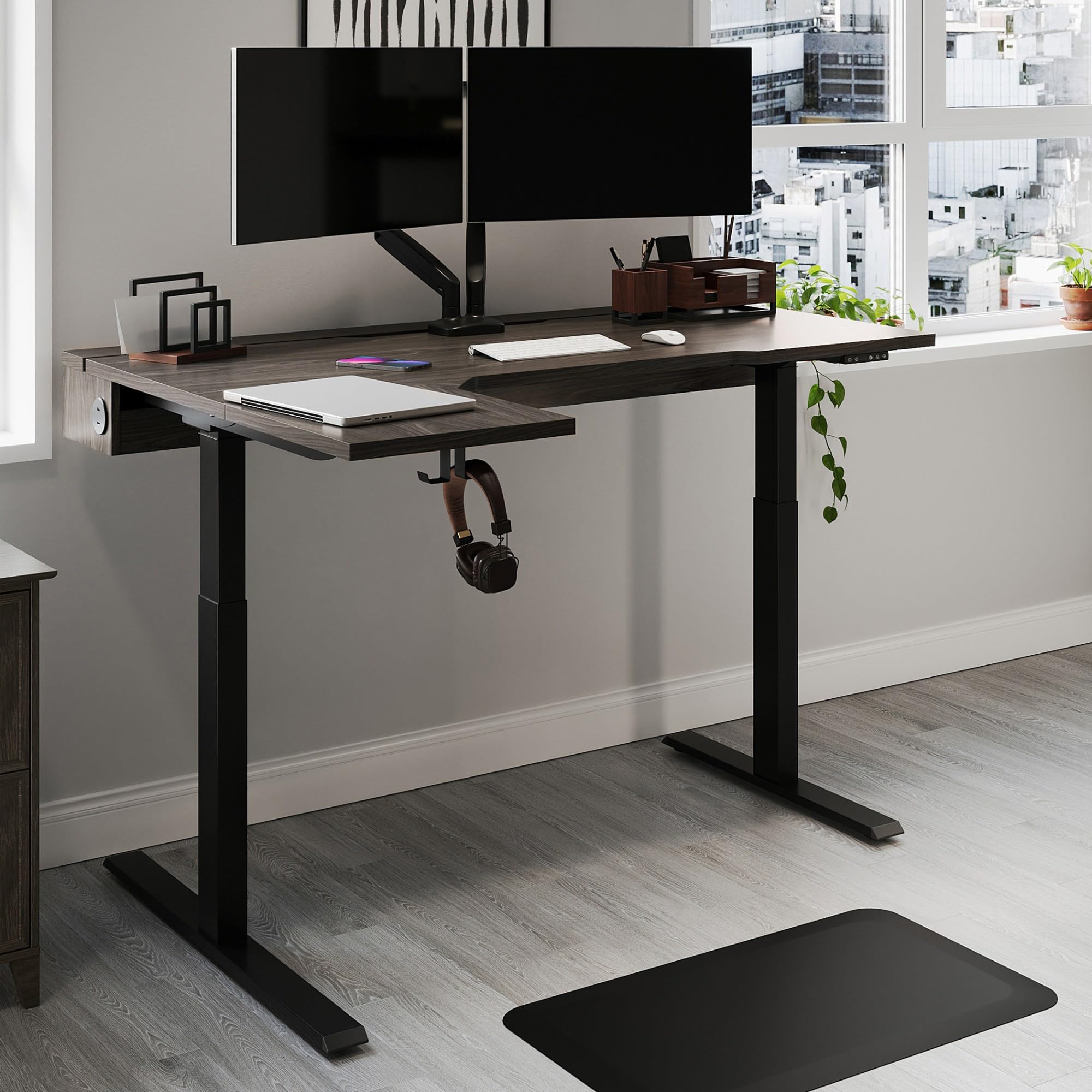 Realspace(r) Koru Electric 59"W L-Shaped Height-Adjustable Standing Desk with Integrated Power & Charging, Espresso Oak