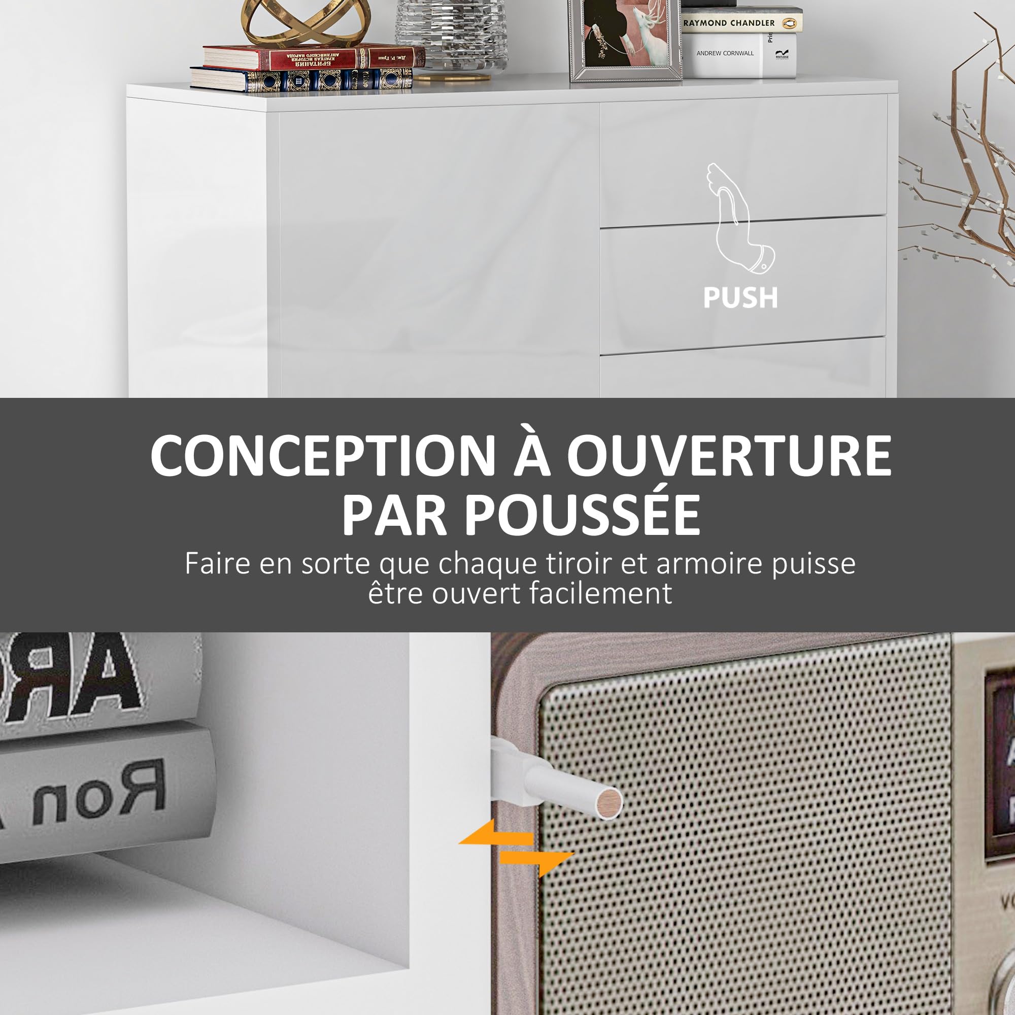 HOMCOM Meuble de Rangement Buffet Commode 79 x 36 x 74 cm Blanc Brillant | Armoire de Rangement, 2 Tiroirs, 2 Placards à Portes, Étagères Réglables, Salon, Chambre, Cuisine