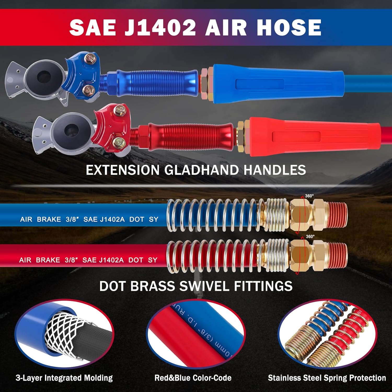 CheeMuii 15 FT Semi Truck Air Line Hose Assembly with Tender Spring & Gladhands & Handles Rubber Air Brake Hoses Kit for Truck Trailer Tractor - (Red & Blue Color-Coded)