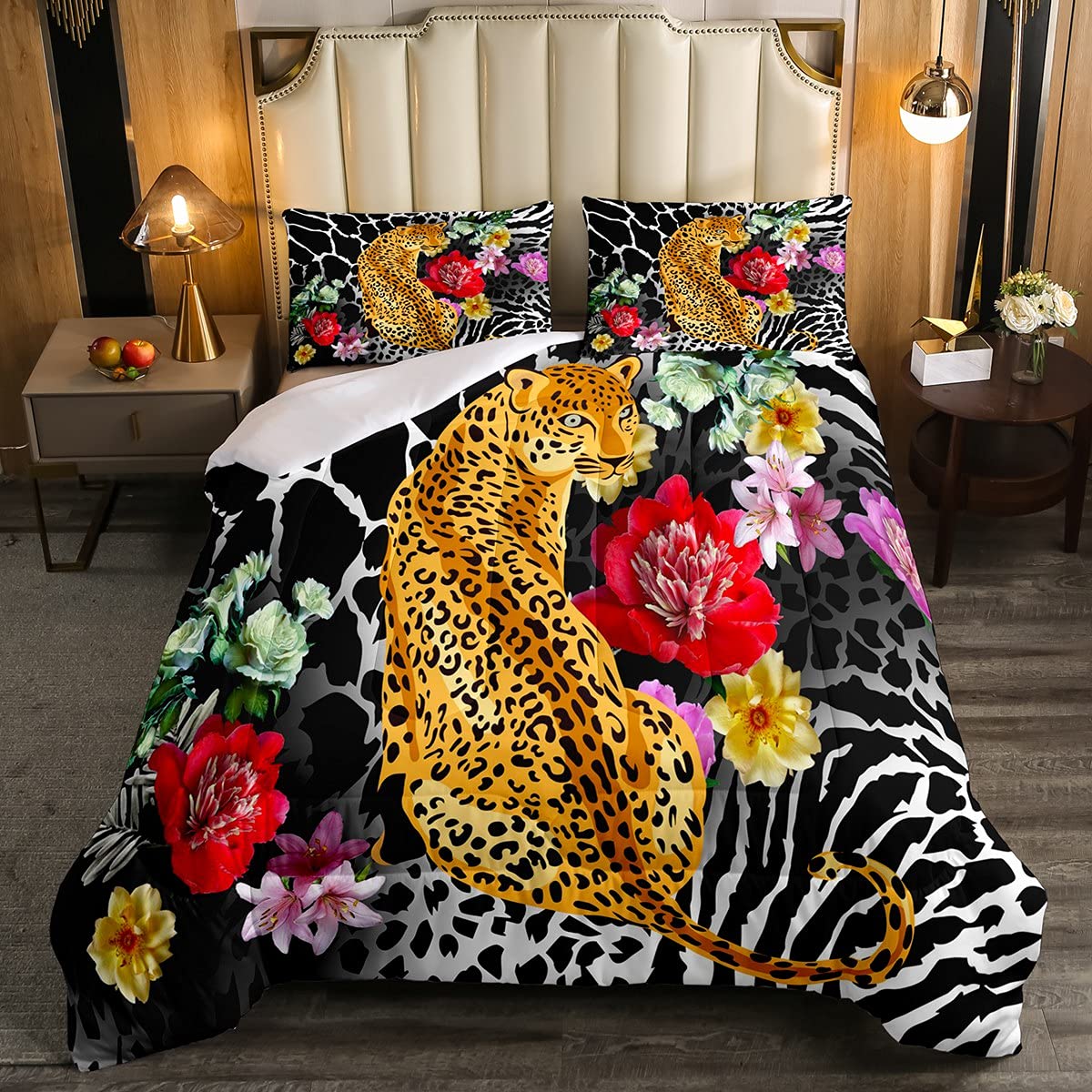 Leopard All Season Bedding Set Tropical Floral Duvet for Kids Boys Girls Black White Safari Cheetah Duvet Insert Wild Animal Branches Quilt Set With 1 Pillowcase 2Pcs Single Size — image 1