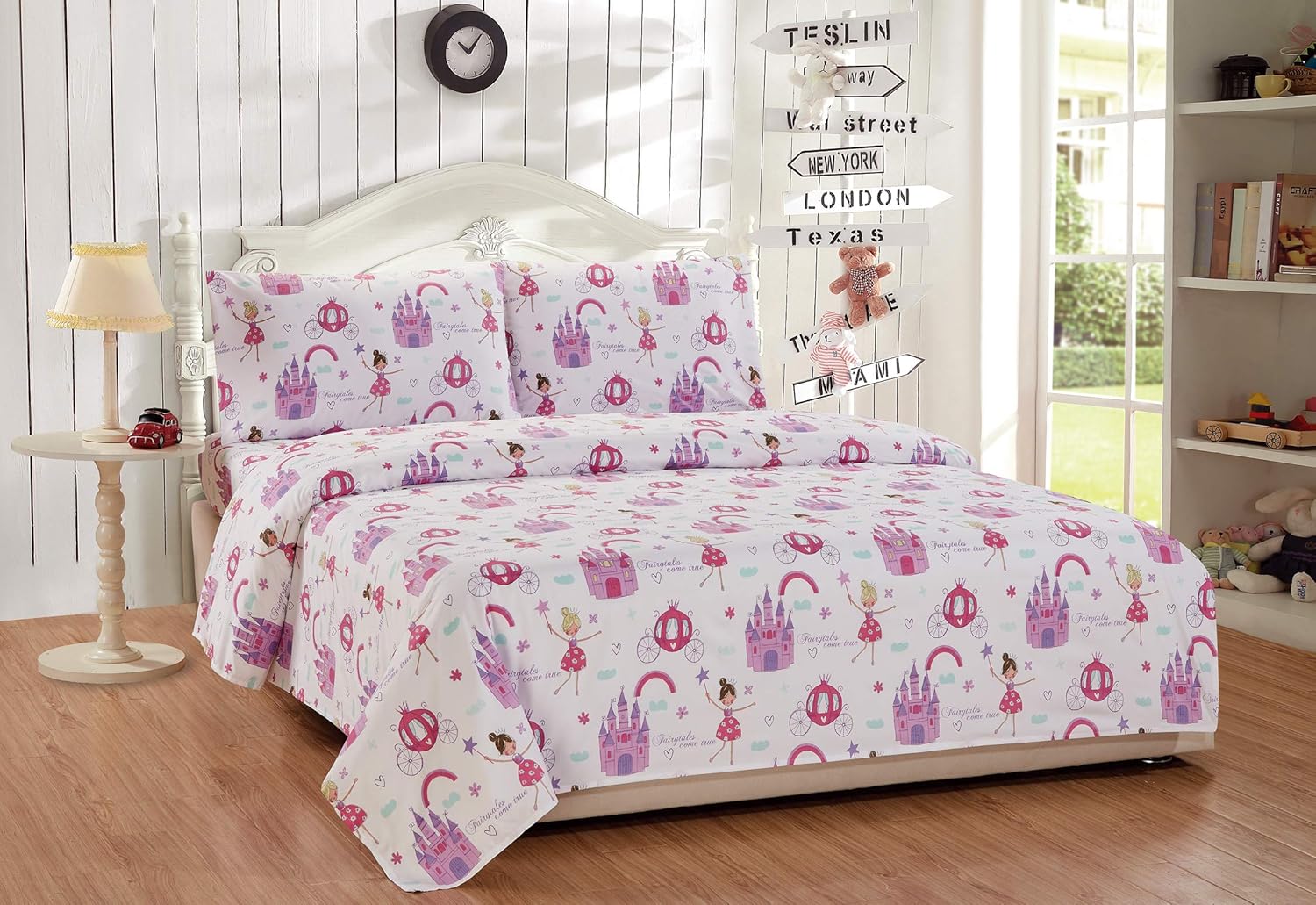 Authеntіс Crаzу Dеаlѕ Linen Plus Comforter Set for Girls/Teens Fairy Tales Castle Princess Carriage Pink Lavender White New (Queen)