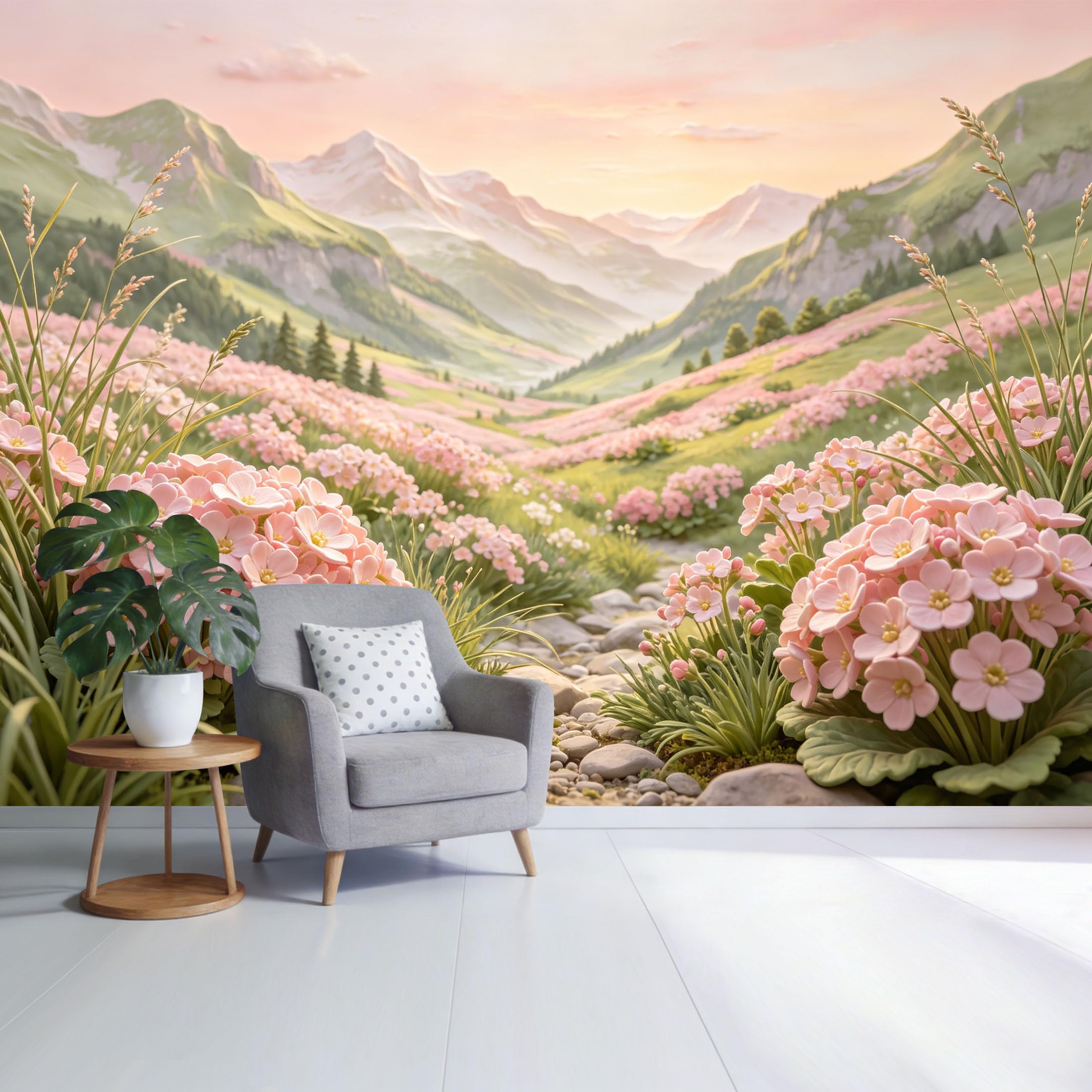 Custom Size Wall Mural Pink Alpine Flower Valley Mountain Landscape Sunset View Botanical Pastel Nature Scene SelfAdhesive Wall Fabric Removable Wallpaper for Home Office Decor