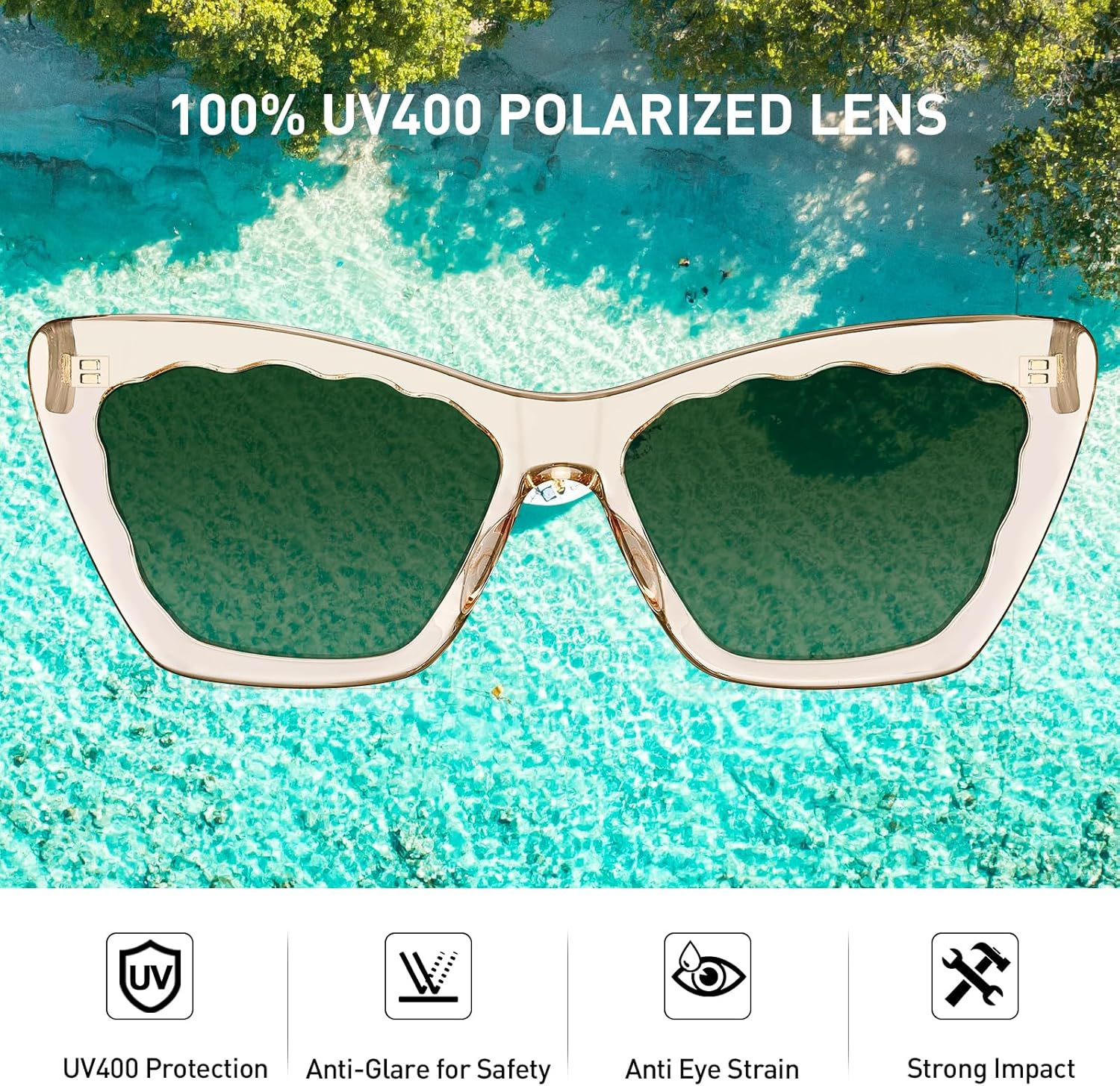 AVAWAY Polarized Sunglasses for Women Cat Eye UV Protection, Clear Trendy Square Acetate Sun Shades Ladies Sunnies