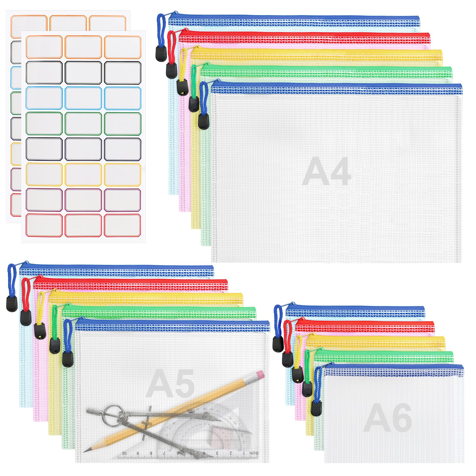 25 Pcs A4 A5 A6 Plastic Wallets Zip Wallets Zip Lock Bags Mesh, 5 Colors