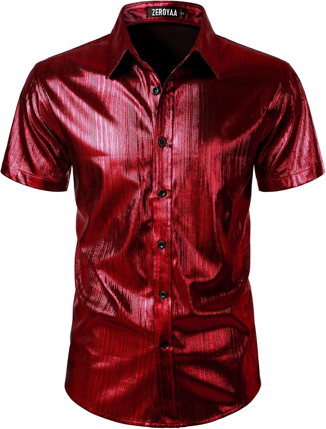 ZEROYAA Men 70s Shiny Short Sleeve Button Down Shirt Fashion Sparkle Disco Dress Shirts