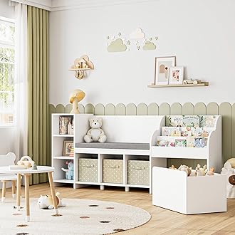 HOSTACK 67" W Kids Reading Nook with Toy Storage Organizer, Large Kids Bookshelf with Toy Storage Box on Wheels, Big Kid Bookcase with Bench and 6 Open Cubbies for Playroom, Kid Room, White