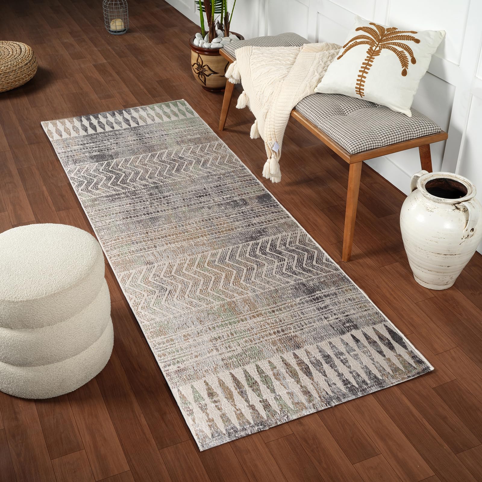 Livabliss Louna Oslo Geometric Runner 80x220 cm – Hallway, Kitchen & Living Room, Scandi Pattern, Easy Care, Brown, Charcoal & Cream