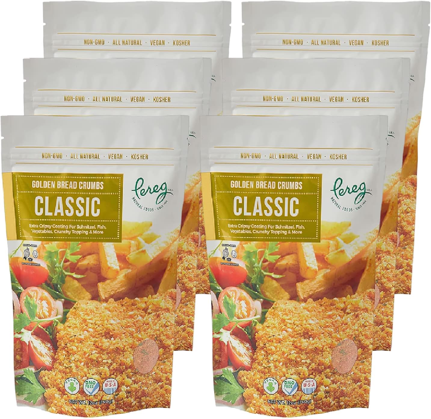 Pereg Bread Crumbs Classic (12 Oz x 6 Pack) – Crispy Breadcrumbs for Coating & Stuffing - Coat Burger, Schnitzel, Vegetables, Meatballs - Kosher Certified - Resealable Packaging