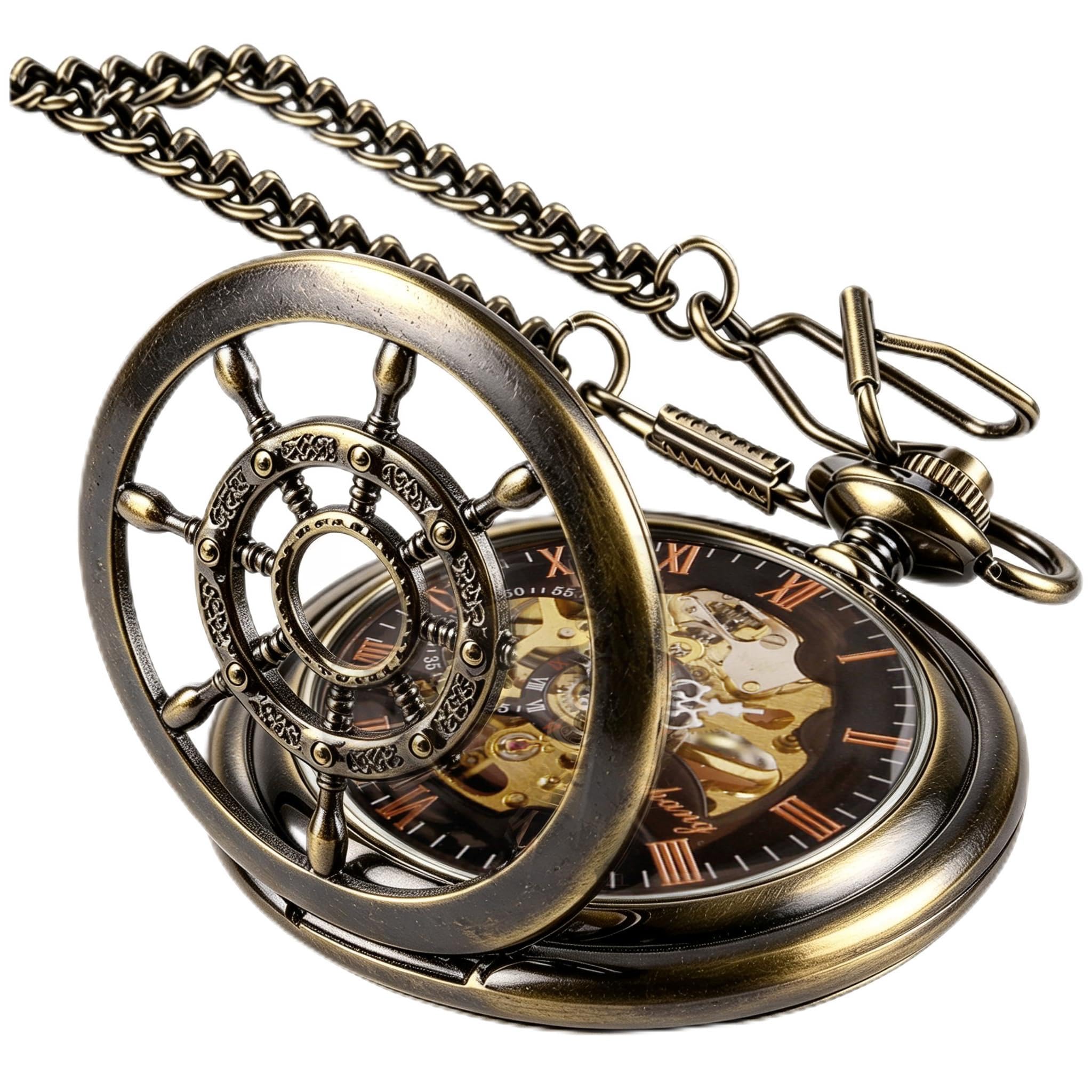 Men's Mechanical Hollow Rudder Design Hand Wind Pocket Watch Roman Numerals Steampunk with Chain Box